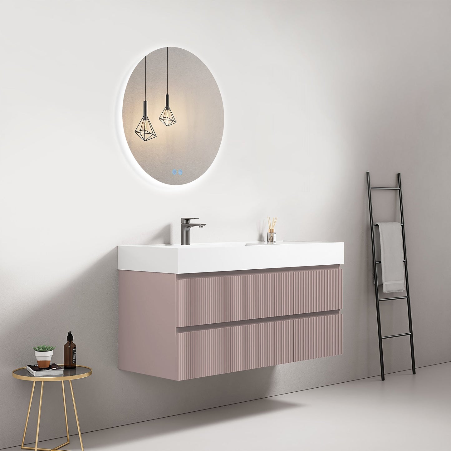 Mobile bagno sospeso cannettato 120 cm Rosa Retro Lavabo a Sinistra in Resina Specchio Tondo Retroilluminato - Fiji Paint