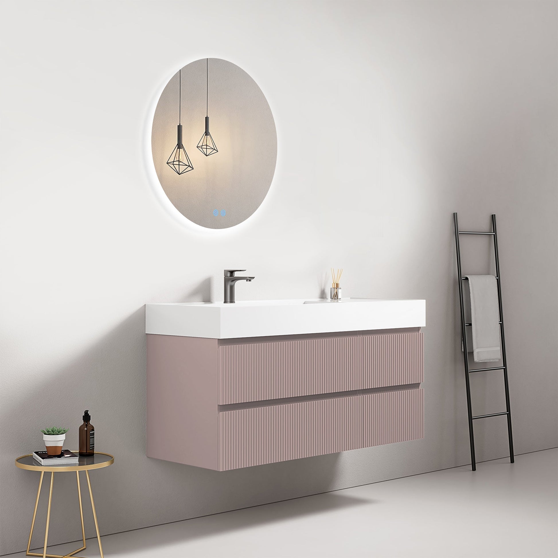Mobile bagno sospeso cannettato 120 cm Rosa Retro Lavabo a Sinistra in Resina Specchio Tondo Retroilluminato - Fiji Paint