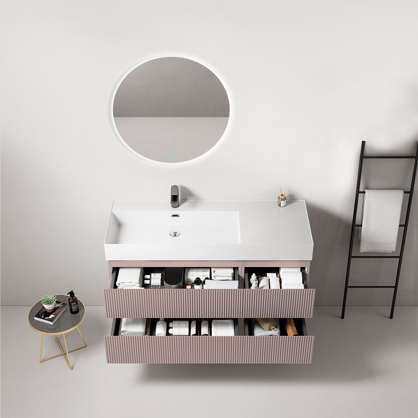 Mobile bagno sospeso cannettato 120 cm Rosa Retro Lavabo a Sinistra in Resina Specchio Tondo Retroilluminato - Fiji Paint