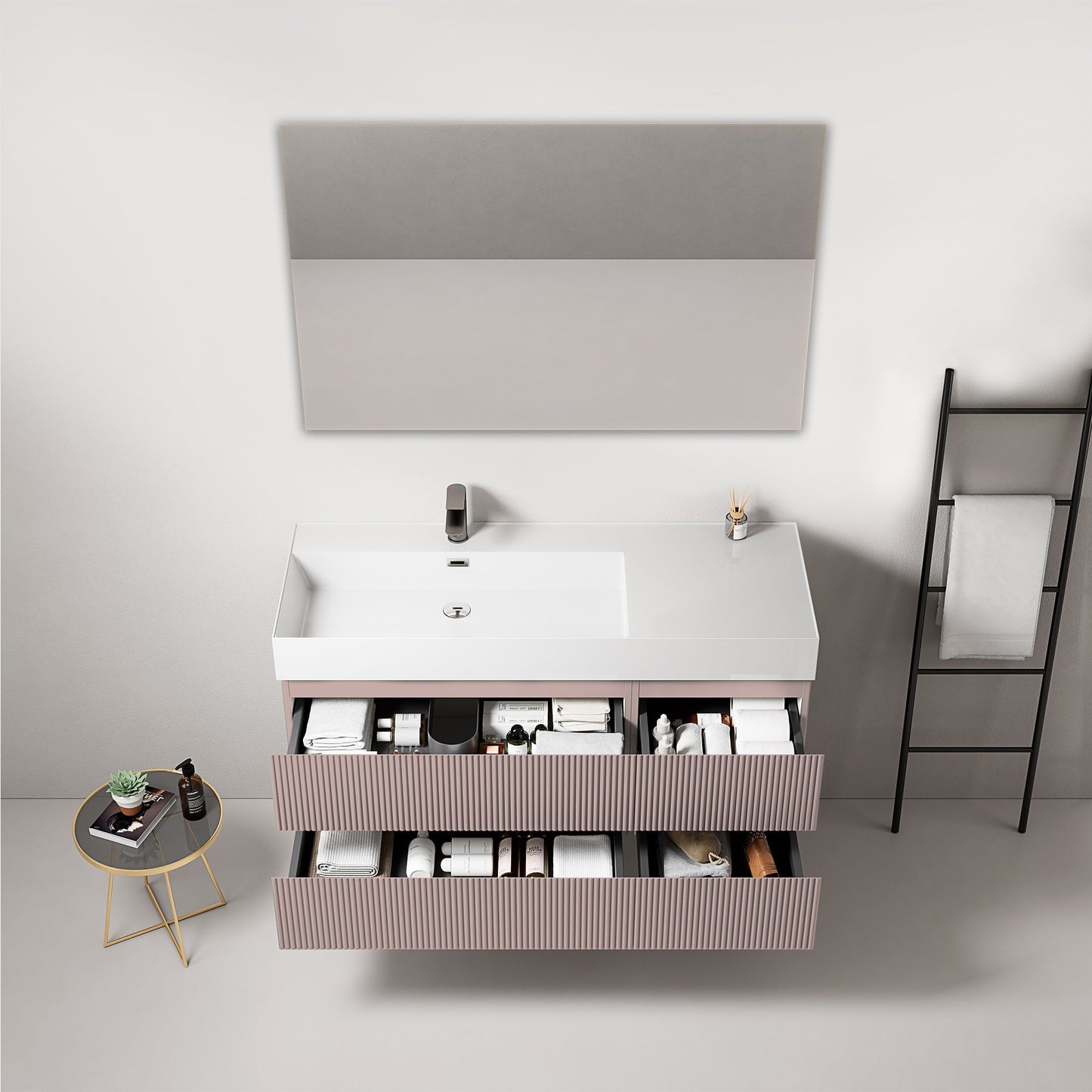 Mobile bagno sospeso cannettato 120 cm Rosa Retro Lavabo a Sinistra in Resina Specchio Quadro - Fiji Paint