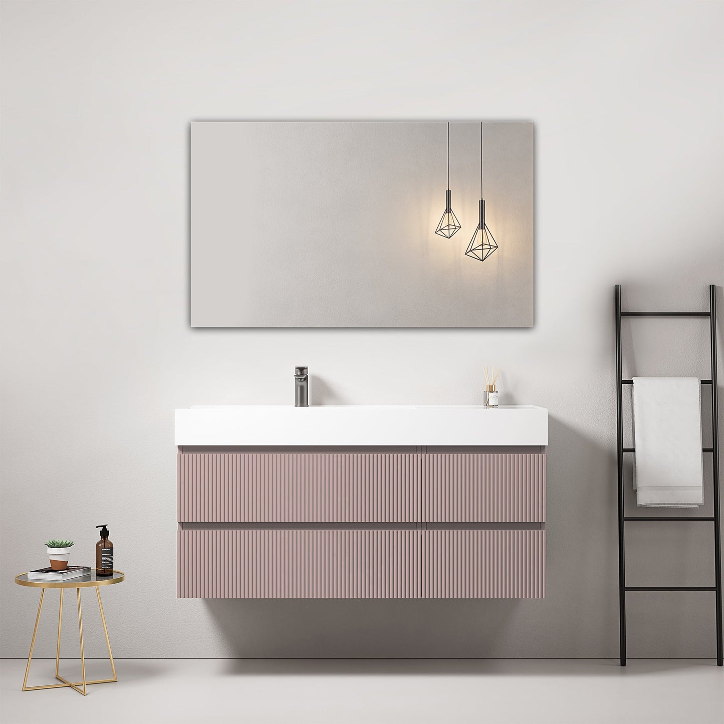 Mobile bagno sospeso cannettato 120 cm Rosa Retro Lavabo a Sinistra in Resina Specchio Quadro - Fiji Paint