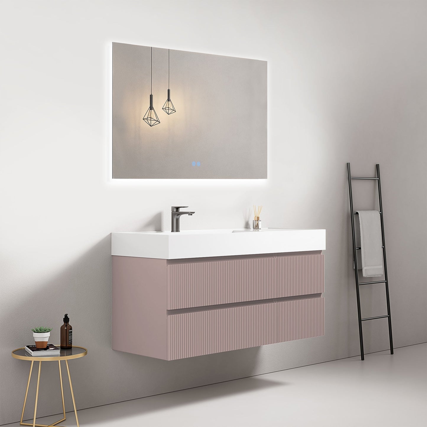 Mobile bagno sospeso cannettato 120 cm Rosa Retro Lavabo a Sinistra in Resina Specchio Quadro Retroilluminato - Fiji Paint