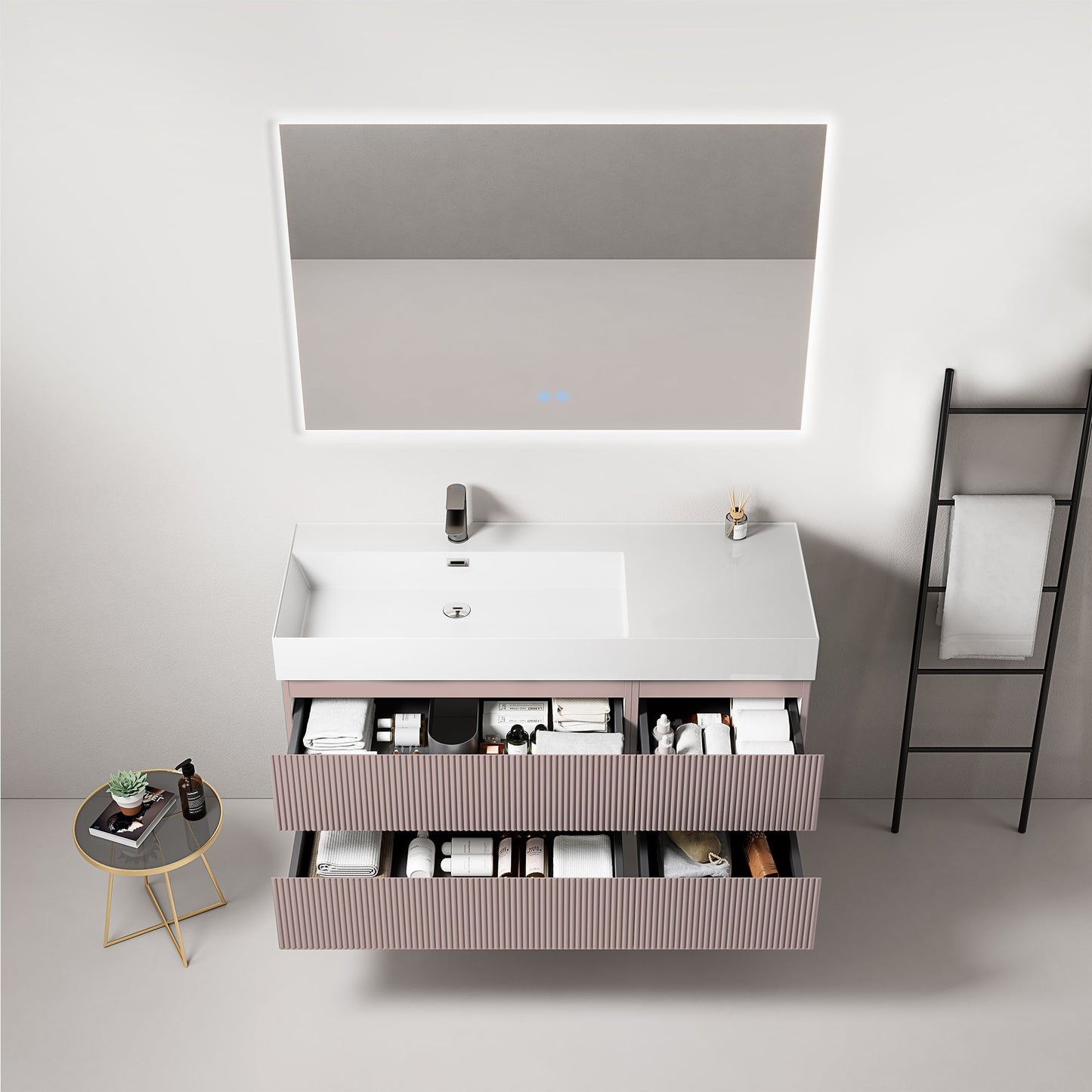 Mobile bagno sospeso cannettato 120 cm Rosa Retro Lavabo a Sinistra in Resina Specchio Quadro Retroilluminato - Fiji Paint