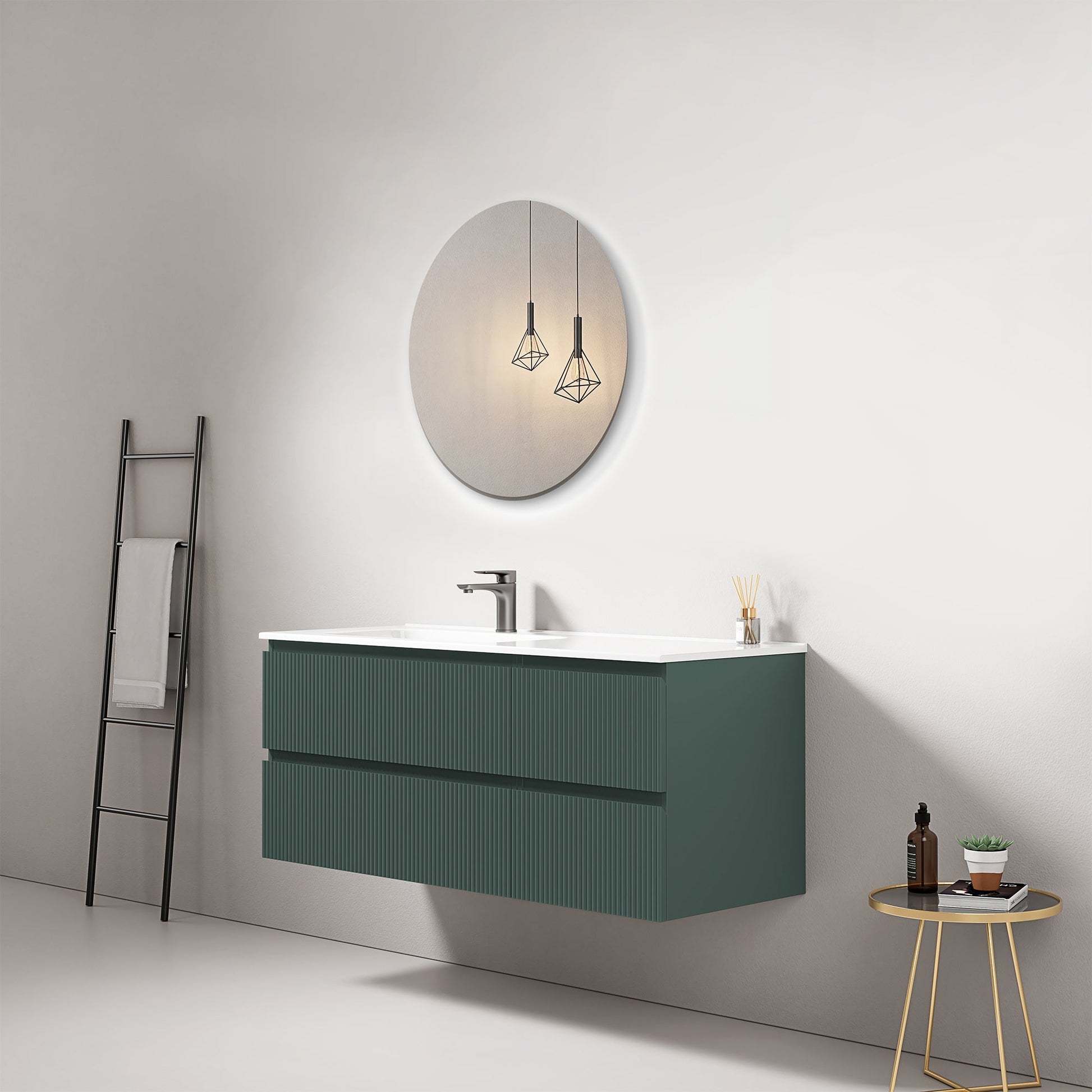 Mobile bagno sospeso cannettato 120 cm Verde Comodoro Lavabo a Sinistra in Ceramica Specchio Tondo - Fiji Paint.