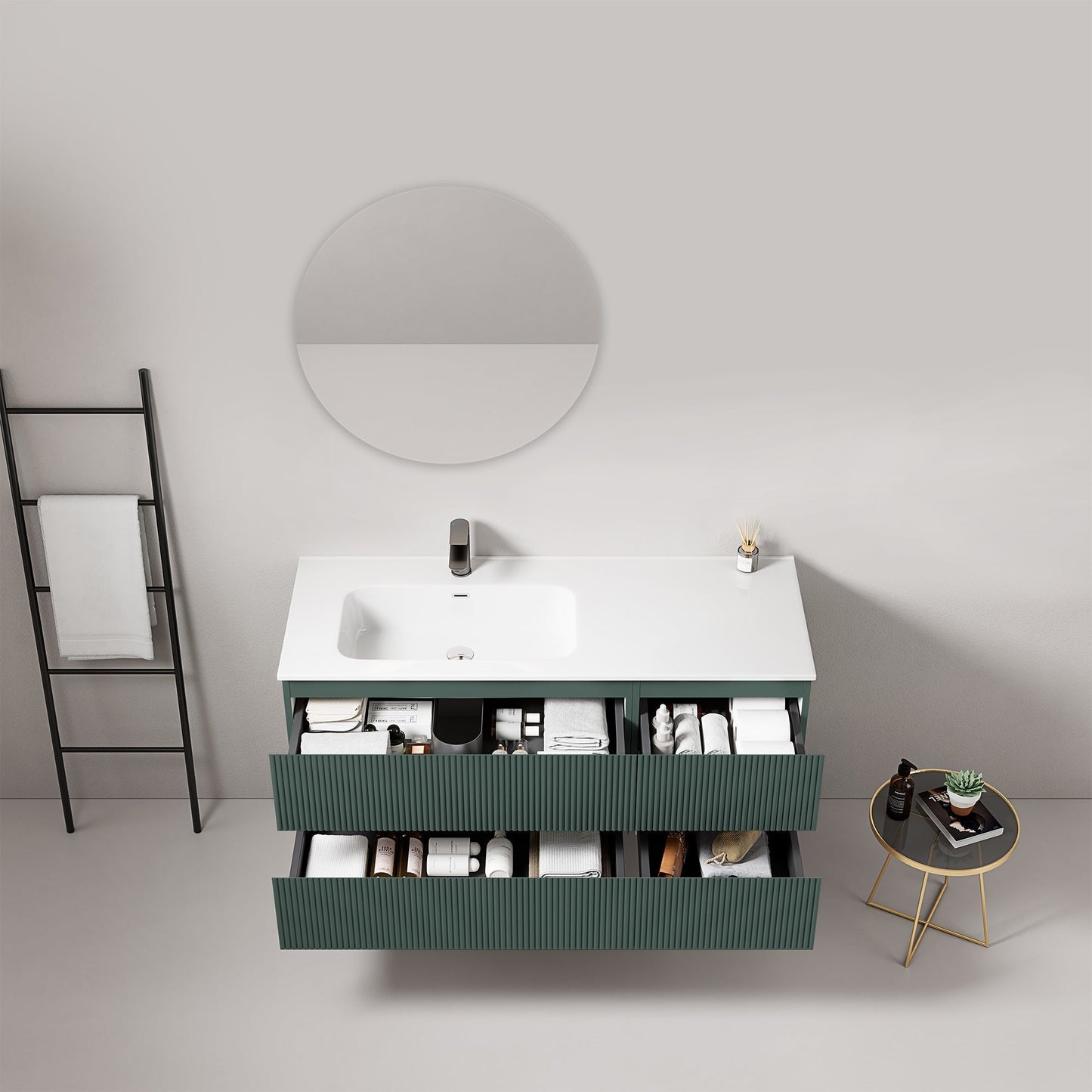 Mobile bagno sospeso cannettato 120 cm Verde Comodoro Lavabo a Sinistra in Ceramica Specchio Tondo - Fiji Paint