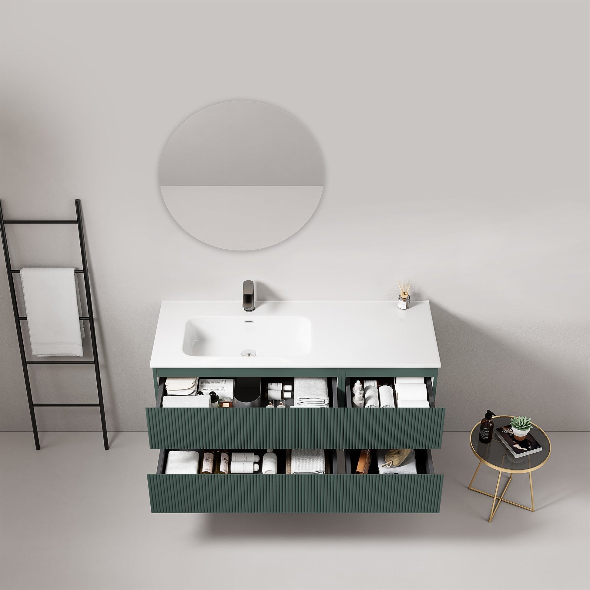 Mobile bagno sospeso cannettato 120 cm Verde Comodoro Lavabo a Sinistra in Ceramica Specchio Tondo - Fiji Paint