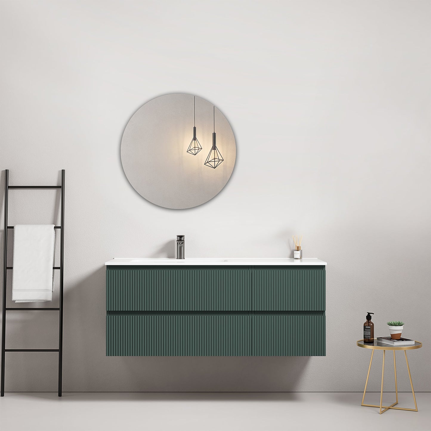 Mobile bagno sospeso cannettato 120 cm Verde Comodoro Lavabo a Sinistra in Ceramica Specchio Tondo - Fiji Paint