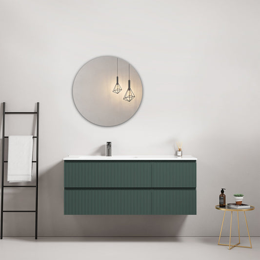 Mobile bagno sospeso cannettato 120 cm Verde Comodoro Lavabo a Sinistra in Ceramica Specchio Tondo - Fiji Paint