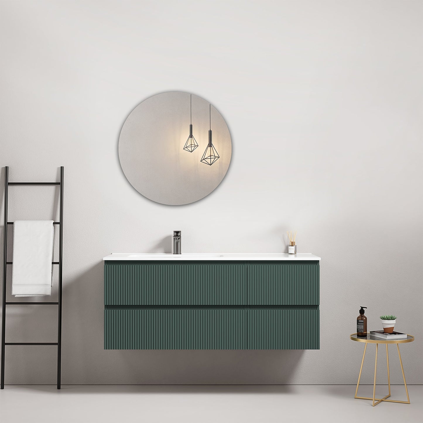 Mobile bagno sospeso cannettato 120 cm Verde Comodoro Lavabo a Sinistra in Ceramica Specchio Tondo - Fiji Paint