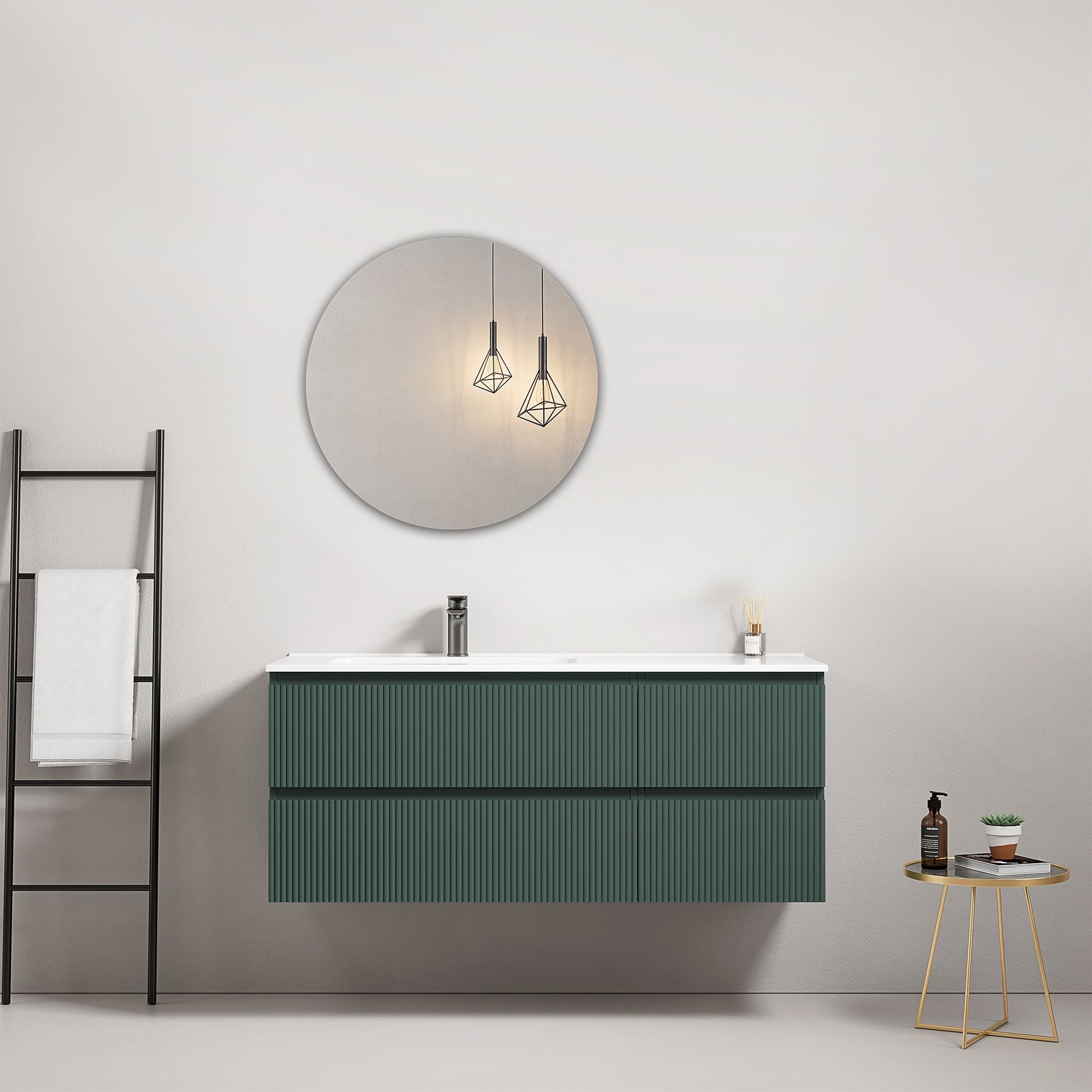 Mobile bagno sospeso cannettato 120 cm Verde Comodoro Lavabo a Sinistra in Ceramica Specchio Tondo - Fiji Paint