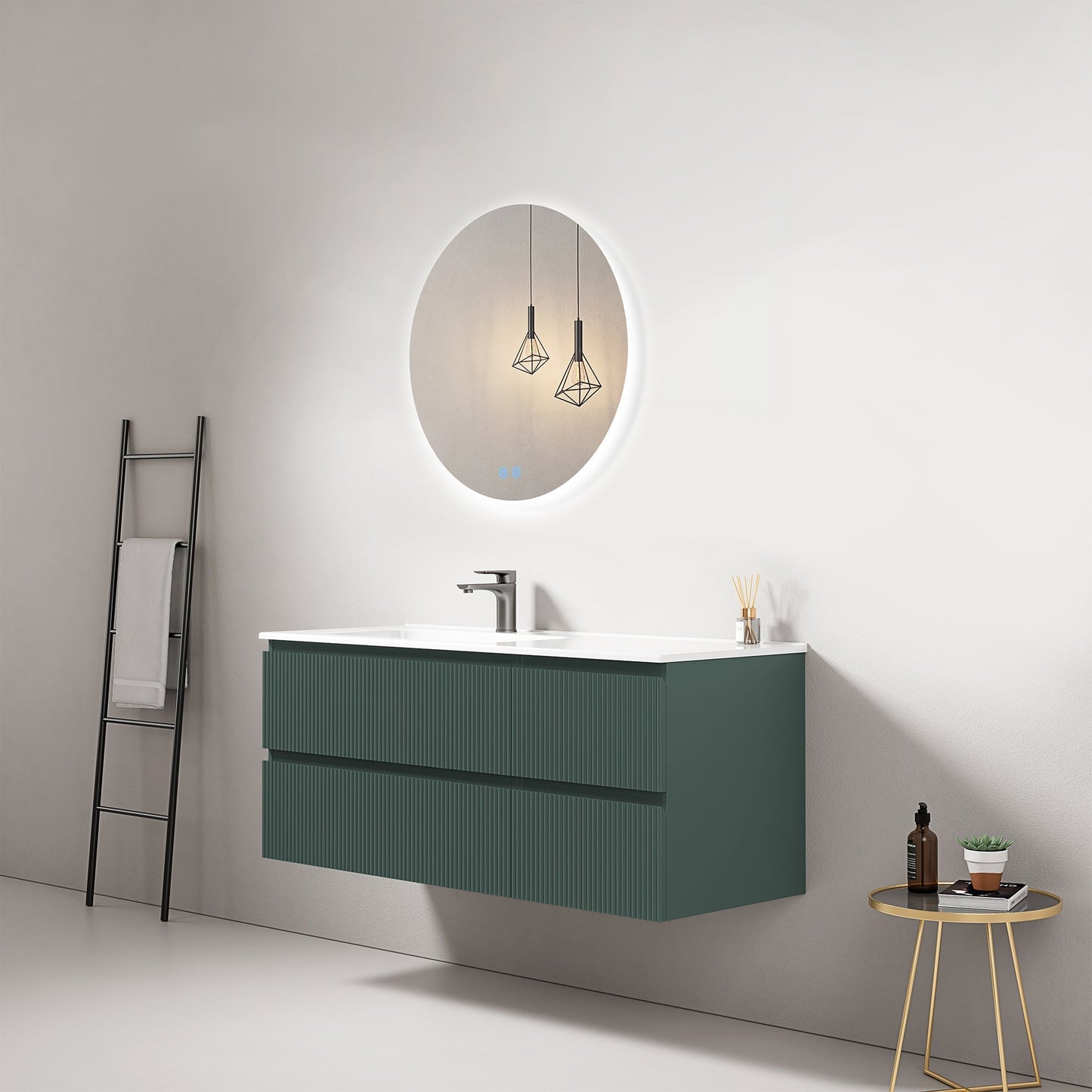 Mobile bagno sospeso cannettato 120 cm Verde Comodoro Lavabo a Sinistra in Ceramica Specchio Tondo Retroilluminato - Fiji Paint