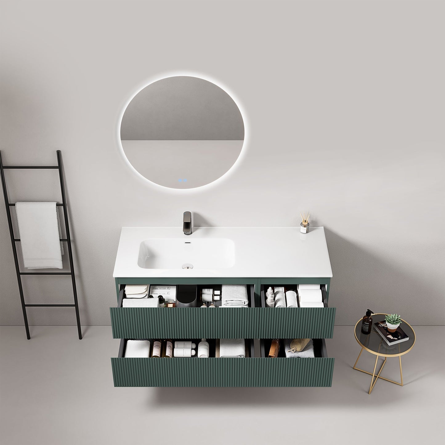 Mobile bagno sospeso cannettato 120 cm Verde Comodoro Lavabo a Sinistra in Ceramica Specchio Tondo Retroilluminato - Fiji Paint