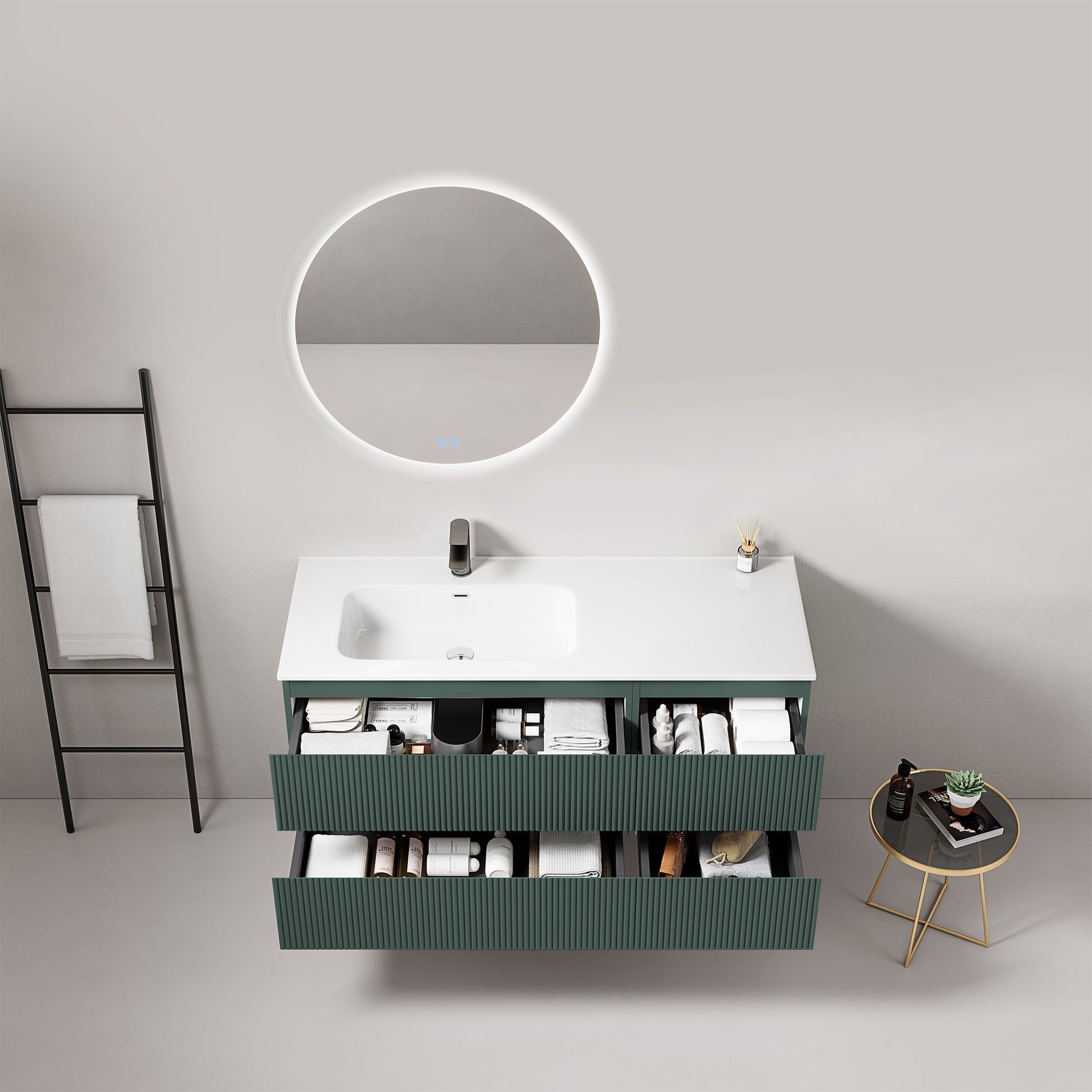 Mobile bagno sospeso cannettato 120 cm Verde Comodoro Lavabo a Sinistra in Ceramica Specchio Tondo Retroilluminato - Fiji Paint