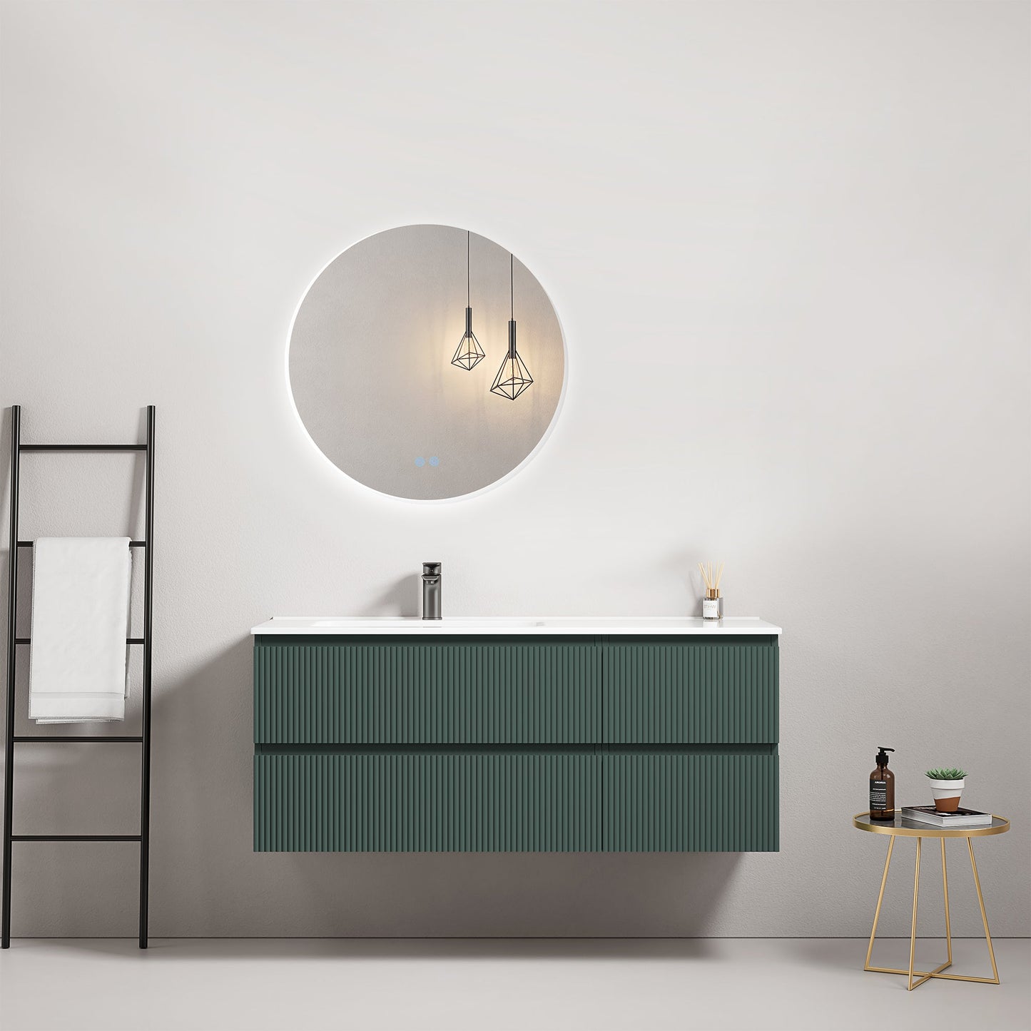 Mobile bagno sospeso cannettato 120 cm Verde Comodoro Lavabo a Sinistra in Ceramica Specchio Tondo Retroilluminato - Fiji Paint