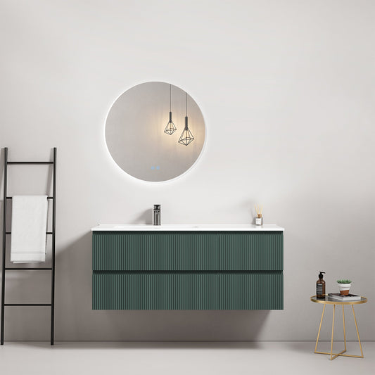Mobile bagno sospeso cannettato 120 cm Verde Comodoro Lavabo a Sinistra in Ceramica Specchio Tondo Retroilluminato - Fiji Paint