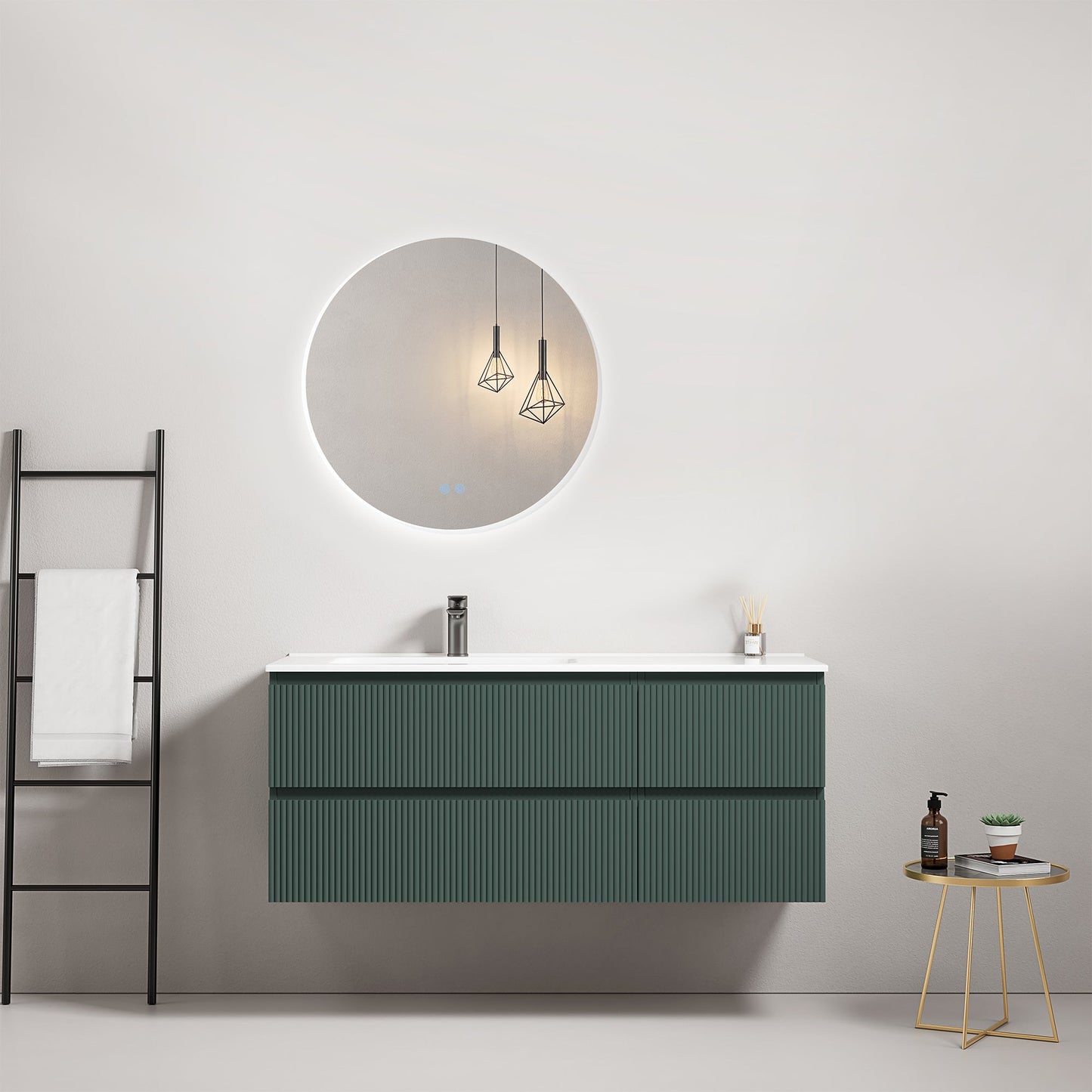 Mobile bagno sospeso cannettato 120 cm Verde Comodoro Lavabo a Sinistra in Ceramica Specchio Tondo Retroilluminato - Fiji Paint