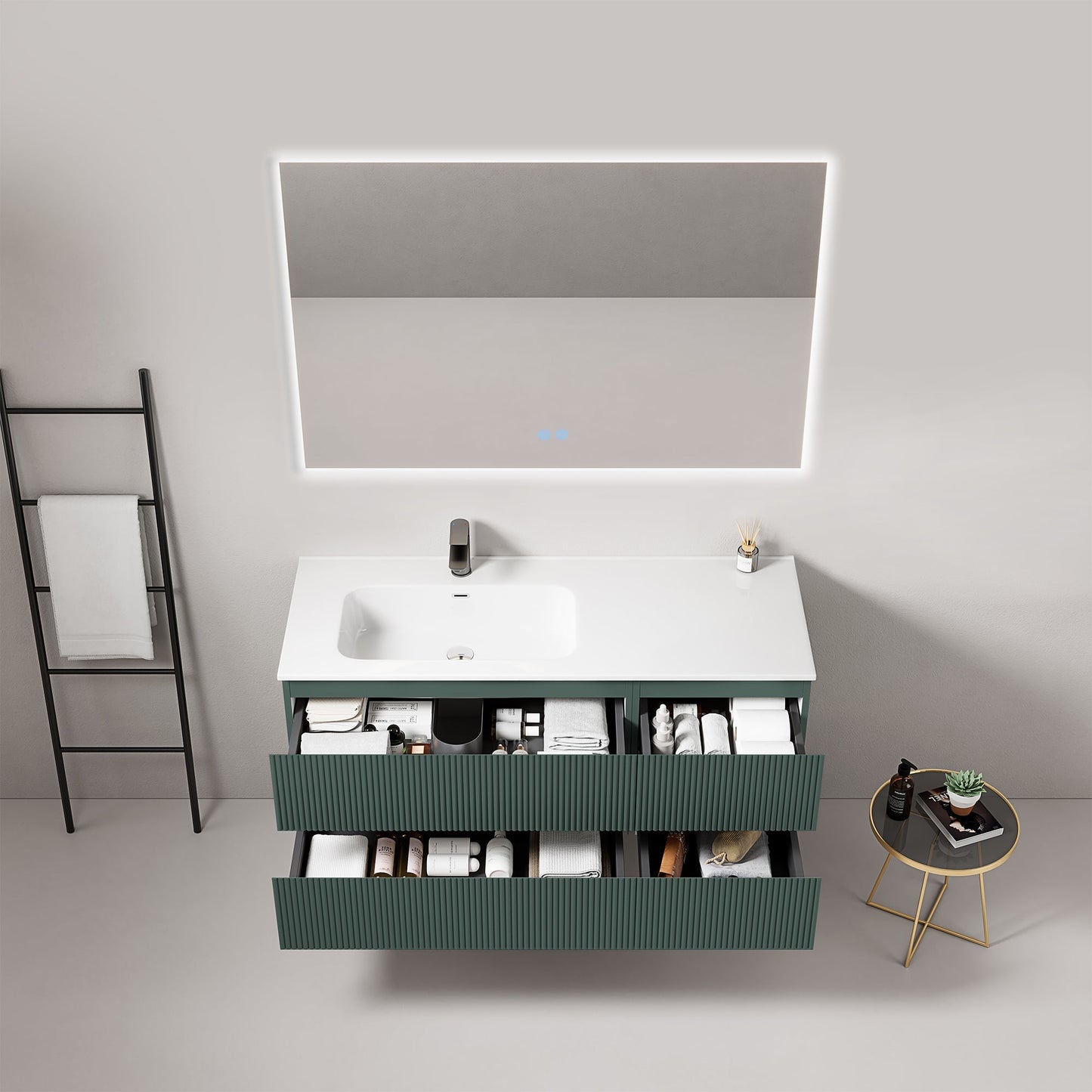 Mobile bagno sospeso cannettato 120 cm Verde Comodoro Lavabo a Sinistra in Ceramica Specchio Quadro Retroilluminato - Fiji Paint