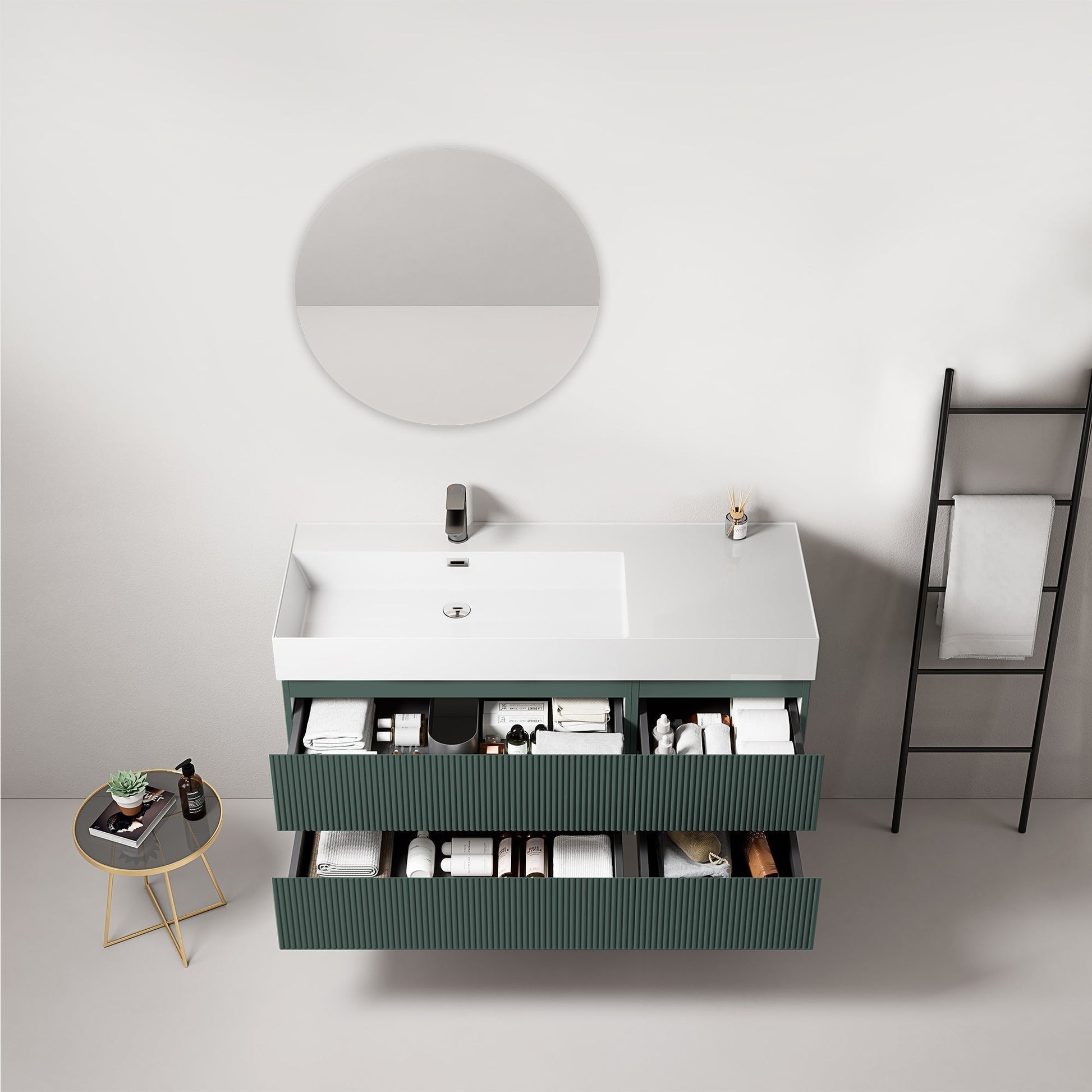 Mobile bagno sospeso cannettato 120 cm Verde Comodoro Lavabo a Sinistra in Resina Specchio Tondo - Fiji Paint