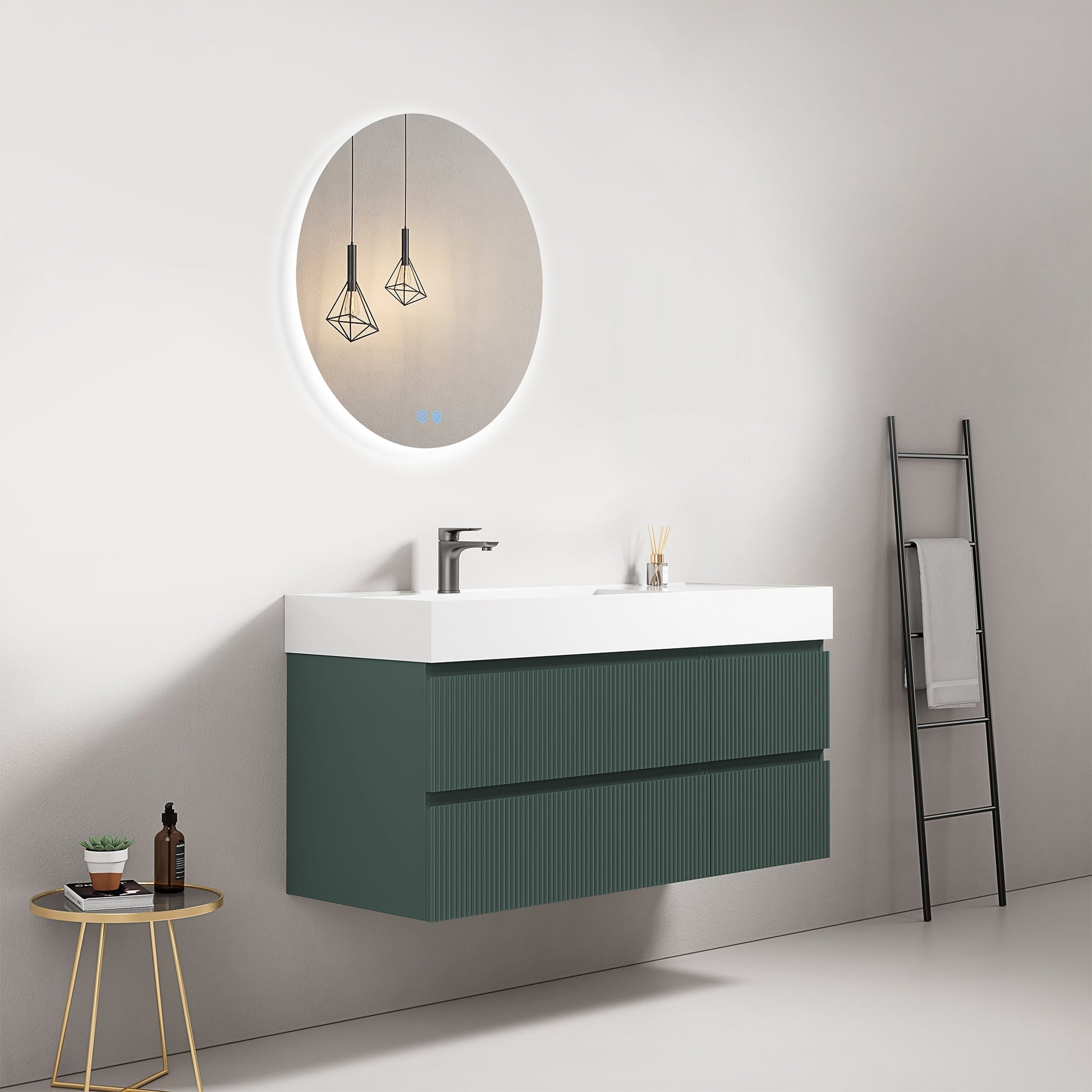 Mobile bagno sospeso cannettato 120 cm Verde Comodoro Lavabo a Sinistra in Resina Specchio Tondo Retroilluminato - Fiji Paint