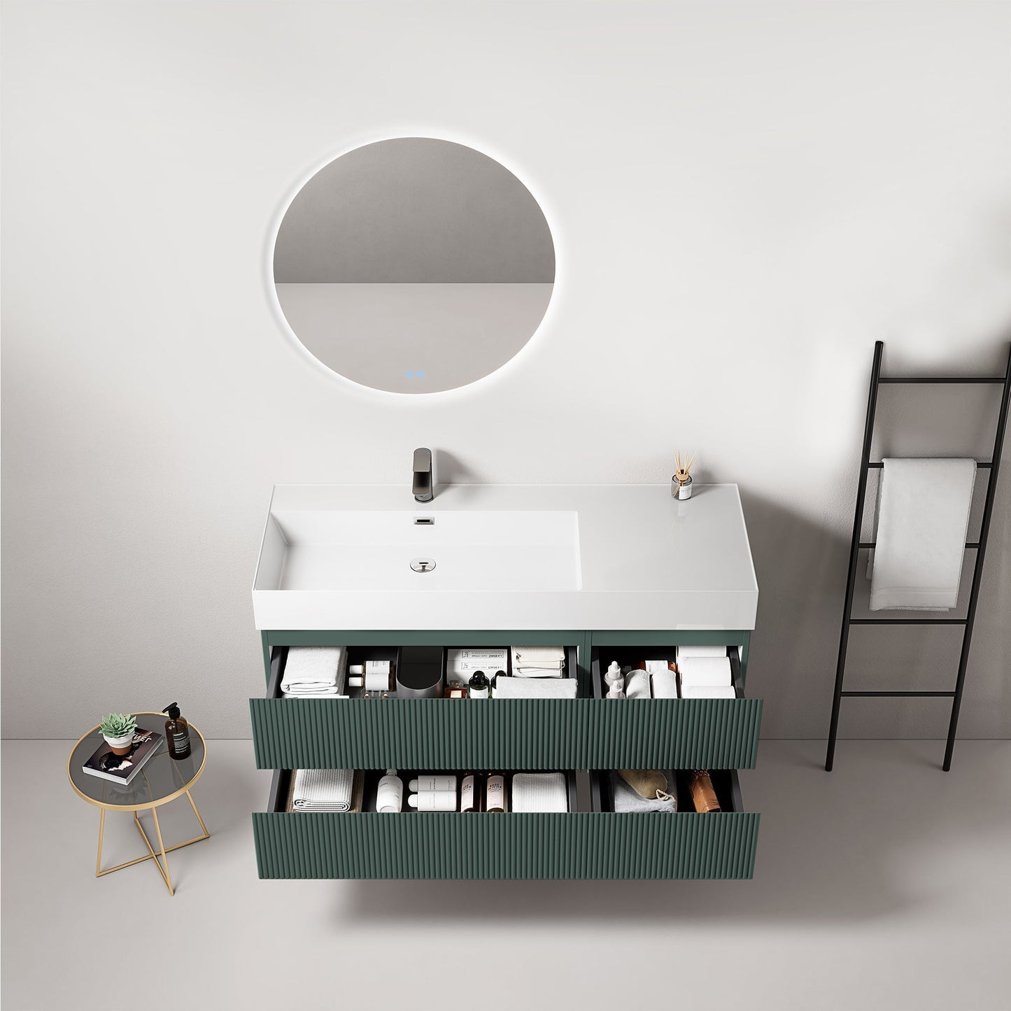 Mobile bagno sospeso cannettato 120 cm Verde Comodoro Lavabo a Sinistra in Resina Specchio Tondo Retroilluminato - Fiji Paint.