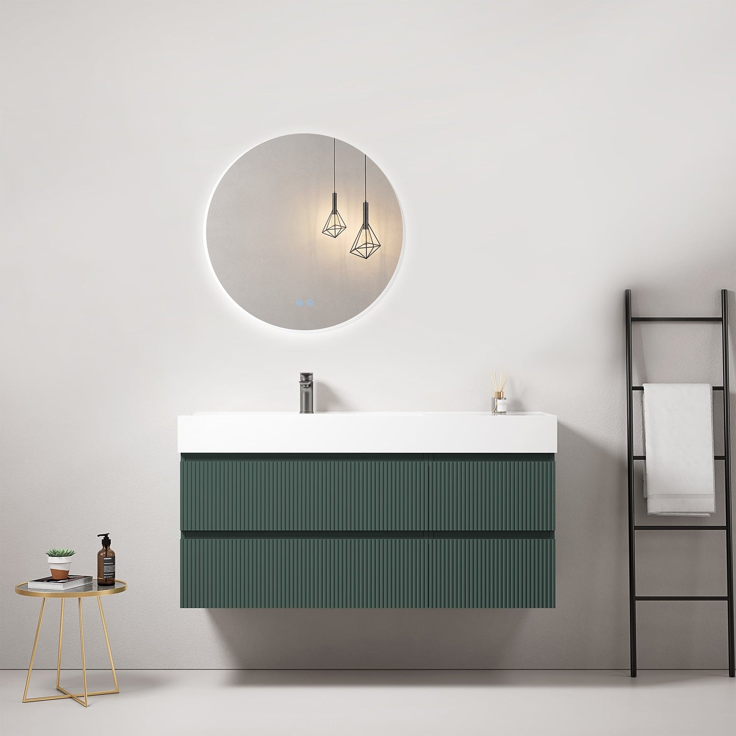 Mobile bagno sospeso cannettato 120 cm Verde Comodoro Lavabo a Sinistra in Resina Specchio Tondo Retroilluminato - Fiji Paint
