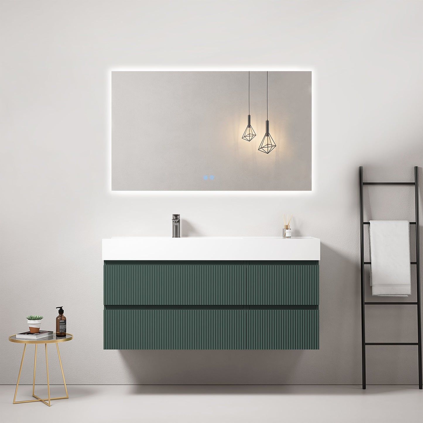 Mobile bagno sospeso cannettato 120 cm Verde Comodoro Lavabo a Sinistra in Resina Specchio Quadro Retroilluminato - Fiji Paint
