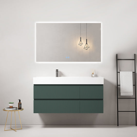 Mobile bagno sospeso cannettato 120 cm Verde Comodoro Lavabo a Sinistra in Resina Specchio Quadro Retroilluminato - Fiji Paint