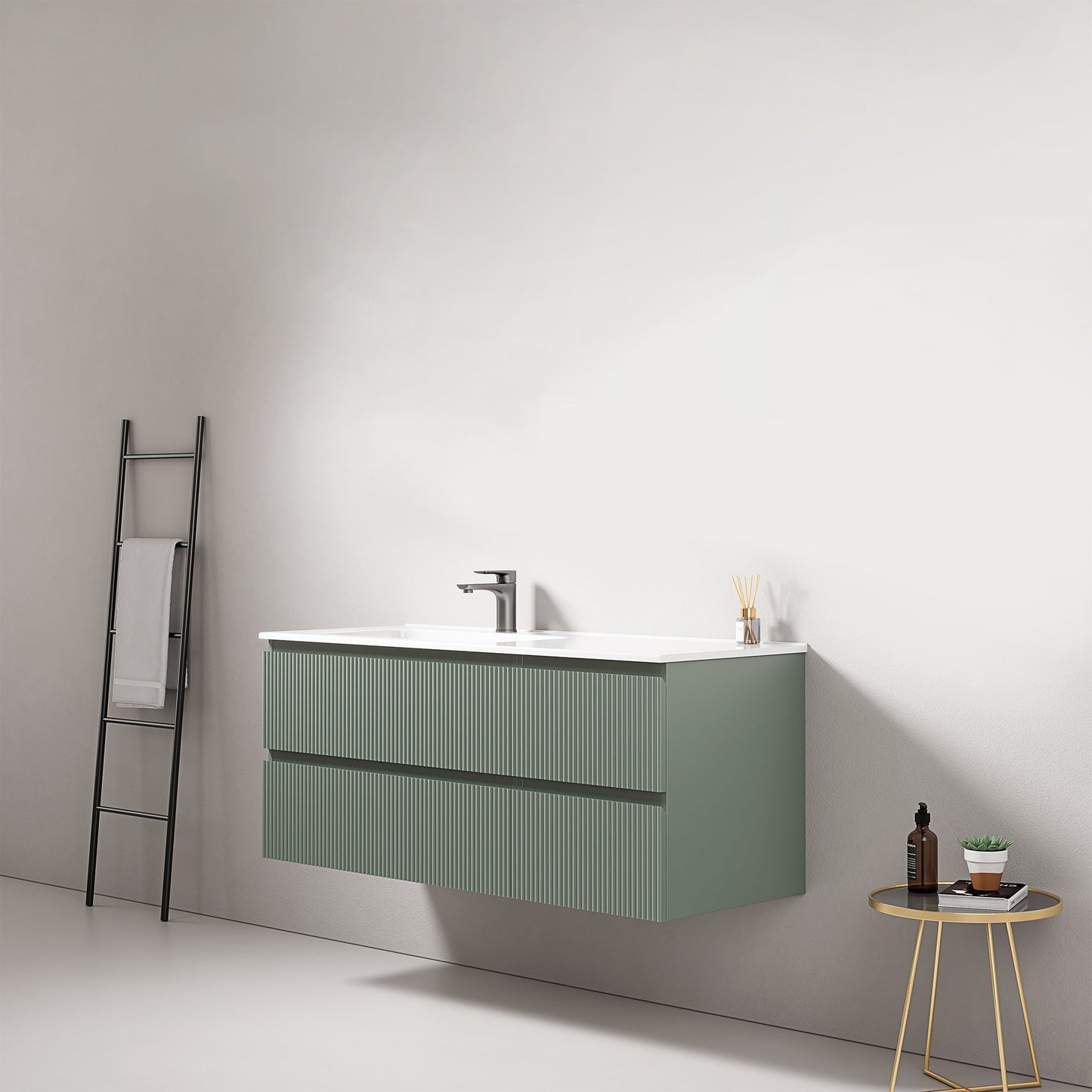 Mobile bagno sospeso cannettato 120 cm Verde Salvia Lavabo a Sinistra in Ceramica Senza Specchio - Fiji Paint