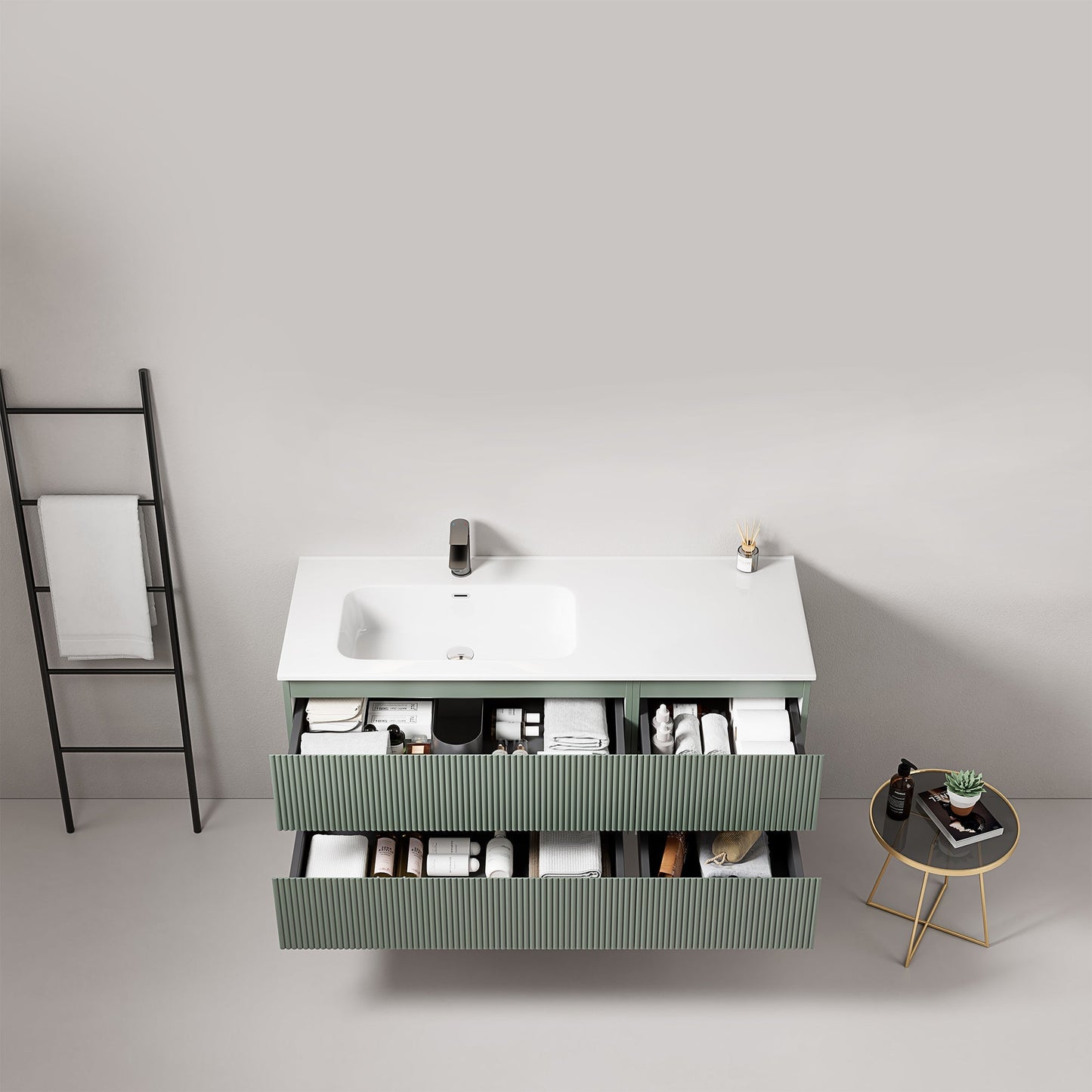 Mobile bagno sospeso cannettato 120 cm Verde Salvia Lavabo a Sinistra in Ceramica Senza Specchio - Fiji Paint