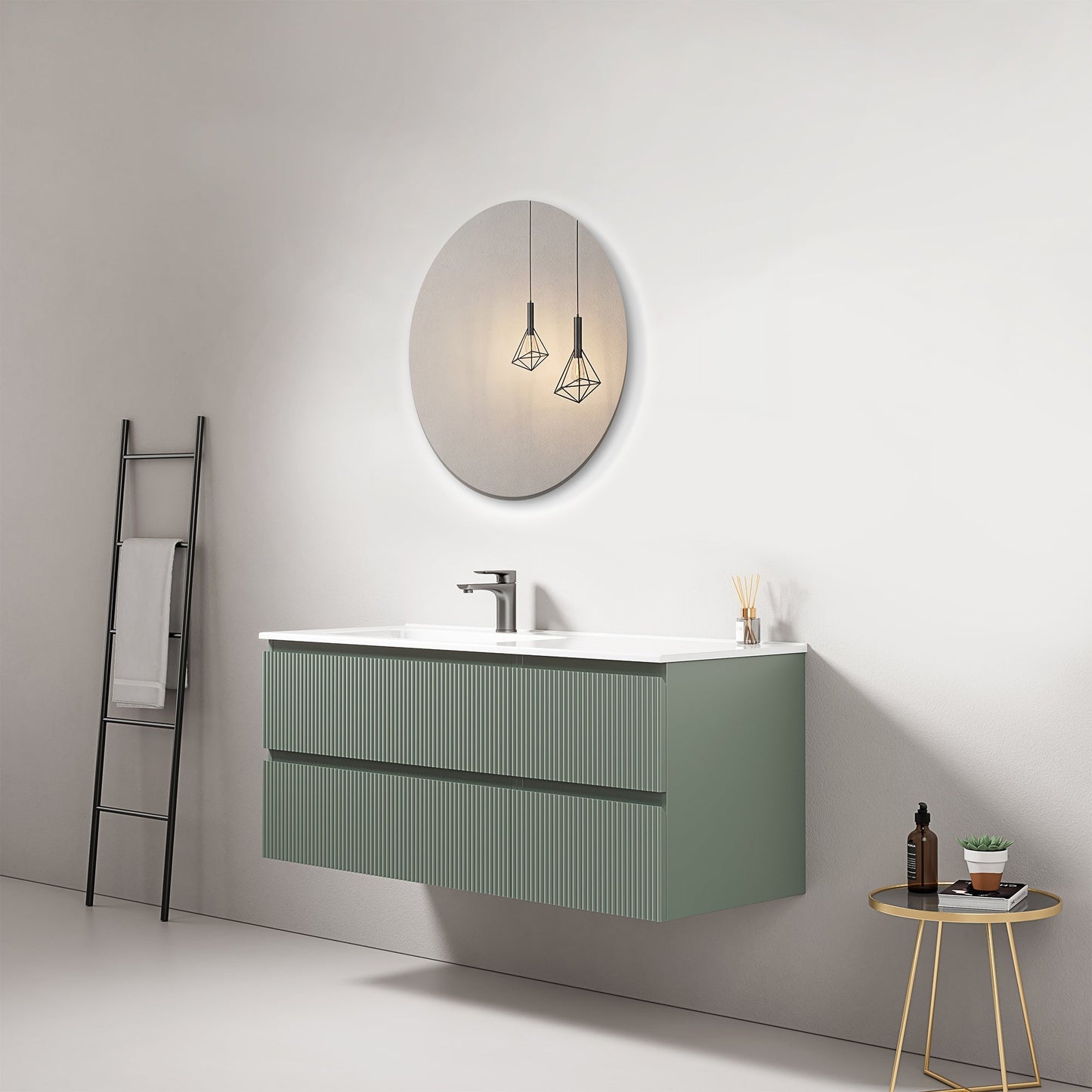 Mobile bagno sospeso cannettato 120 cm Verde Salvia Lavabo a Sinistra in Ceramica Specchio Tondo - Fiji Paint