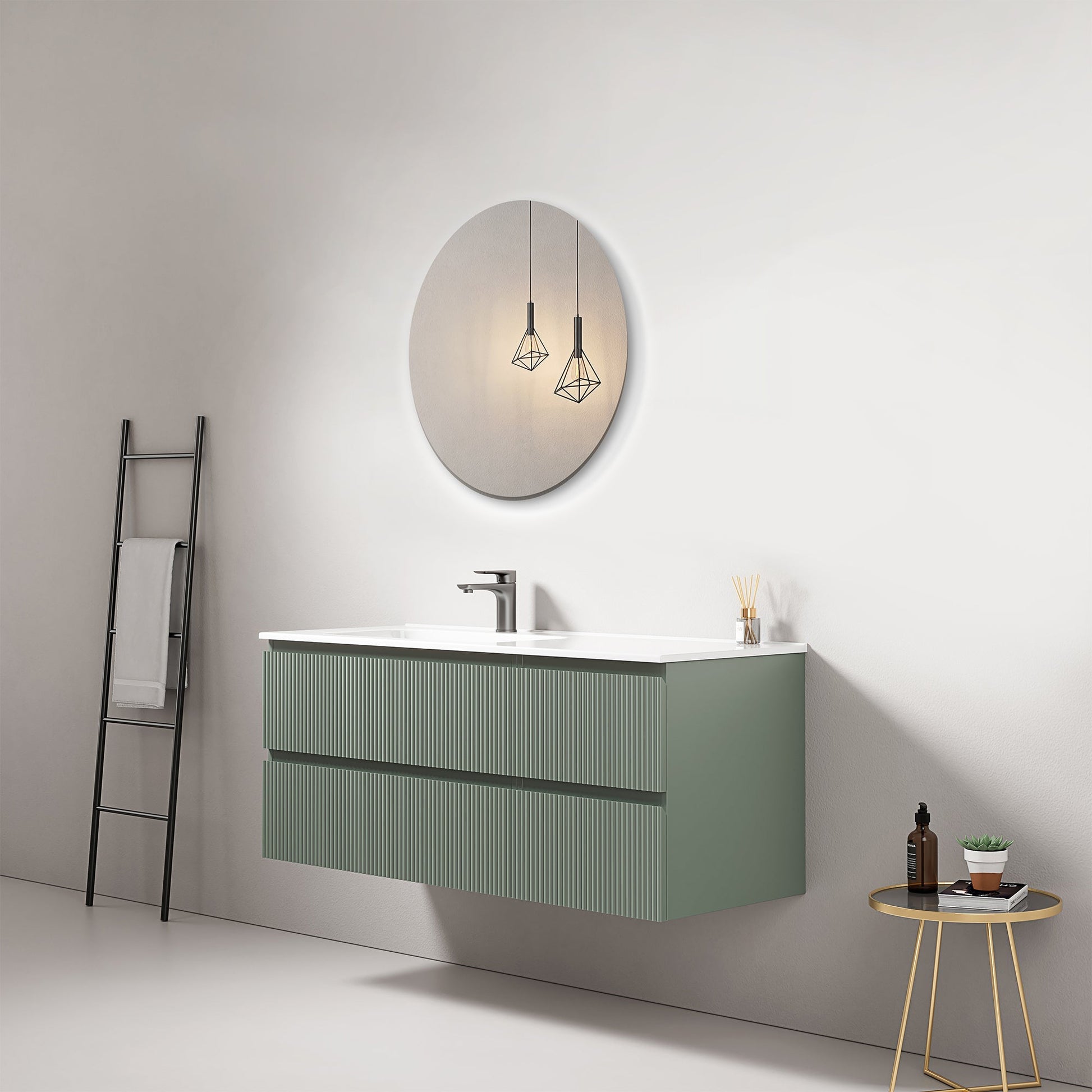 Mobile bagno sospeso cannettato 120 cm Verde Salvia Lavabo a Sinistra in Ceramica Specchio Tondo - Fiji Paint