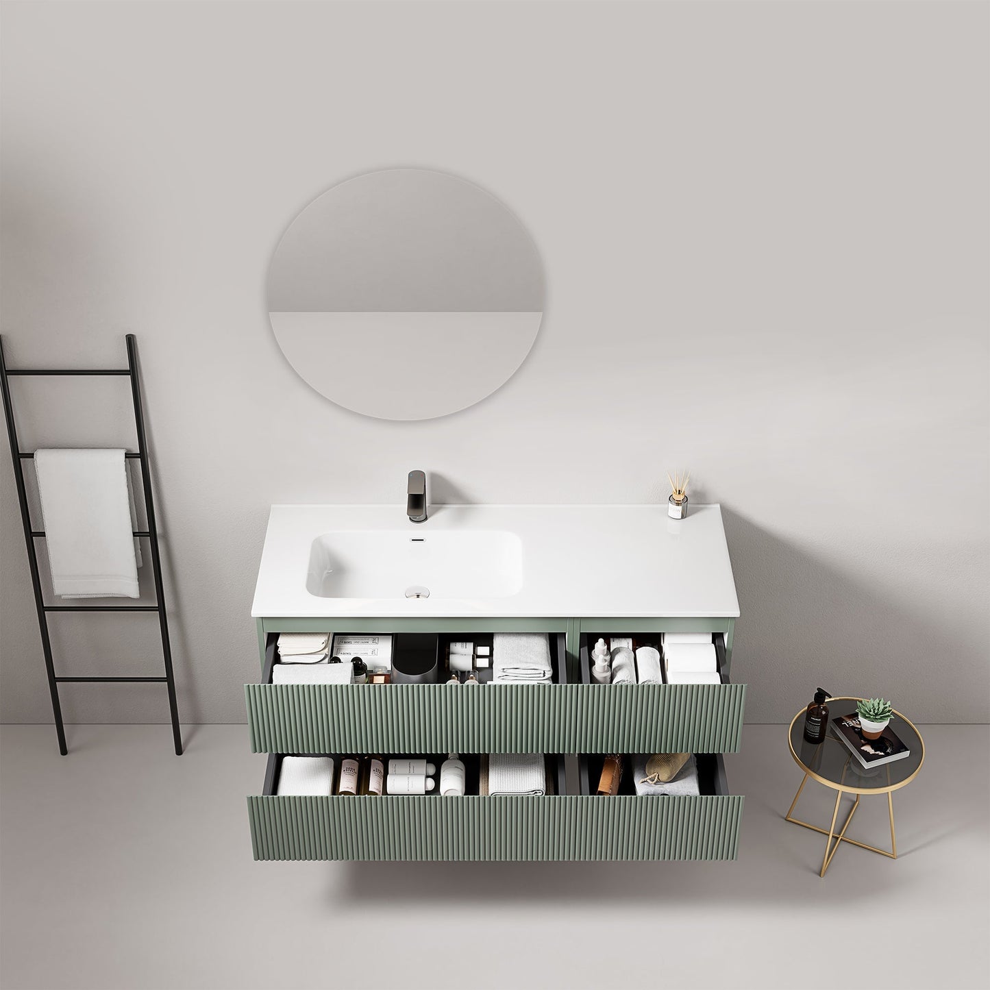 Mobile bagno sospeso cannettato 120 cm Verde Salvia Lavabo a Sinistra in Ceramica Specchio Tondo - Fiji Paint