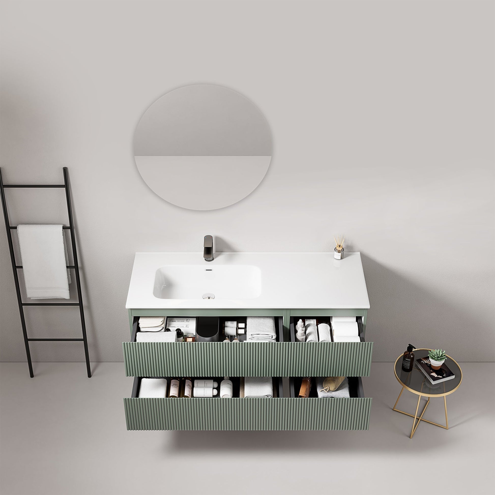 Mobile bagno sospeso cannettato 120 cm Verde Salvia Lavabo a Sinistra in Ceramica Specchio Tondo - Fiji Paint