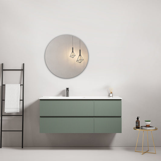 Mobile bagno sospeso cannettato 120 cm Verde Salvia Lavabo a Sinistra in Ceramica Specchio Tondo - Fiji Paint.