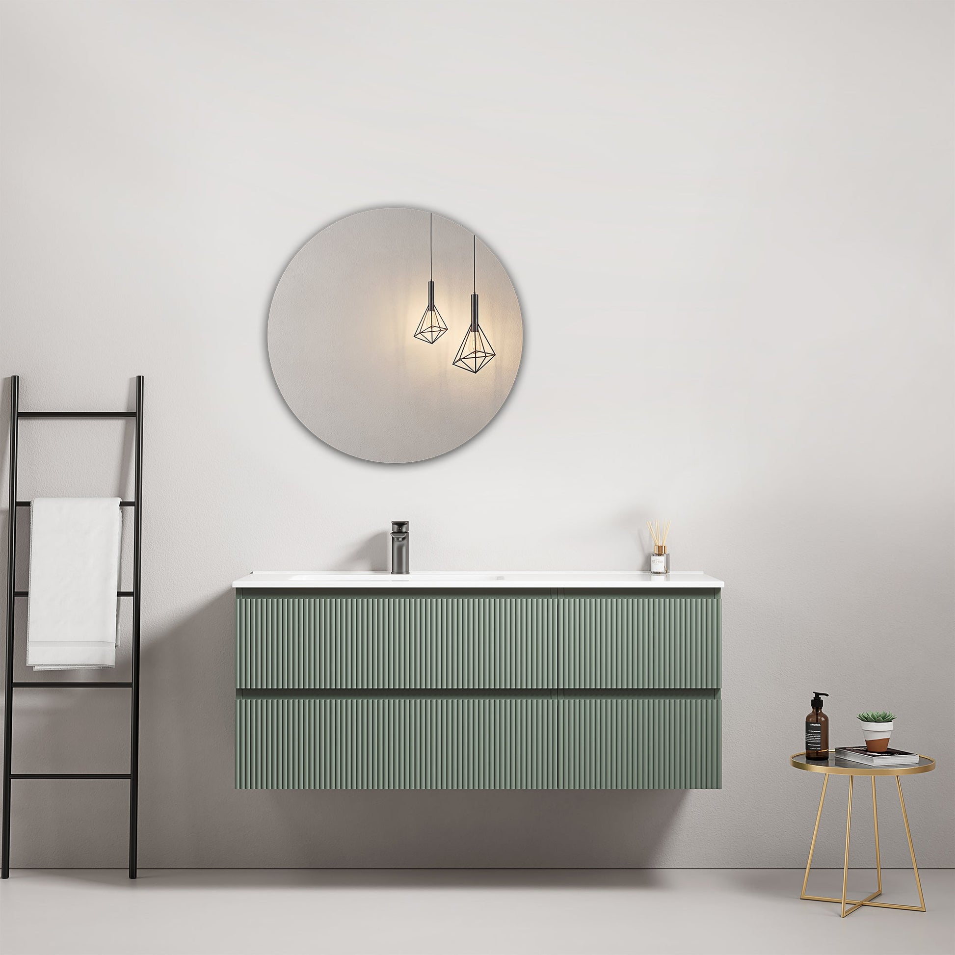 Mobile bagno sospeso cannettato 120 cm Verde Salvia Lavabo a Sinistra in Ceramica Specchio Tondo - Fiji Paint