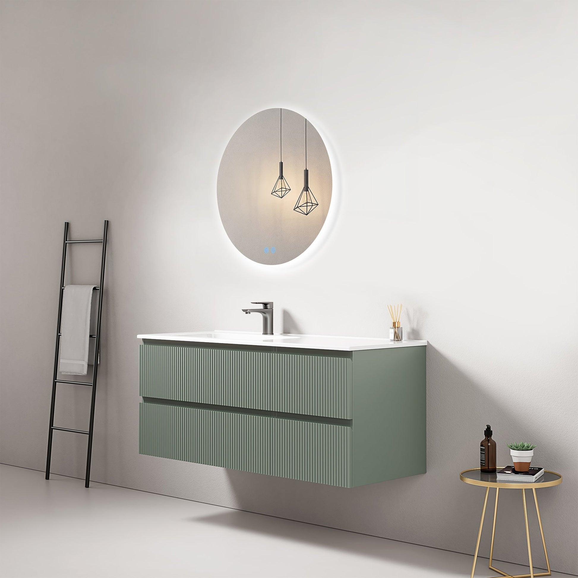 Mobile bagno sospeso cannettato 120 cm Verde Salvia Lavabo a Sinistra in Ceramica Specchio Tondo Retroilluminato - Fiji Paint.