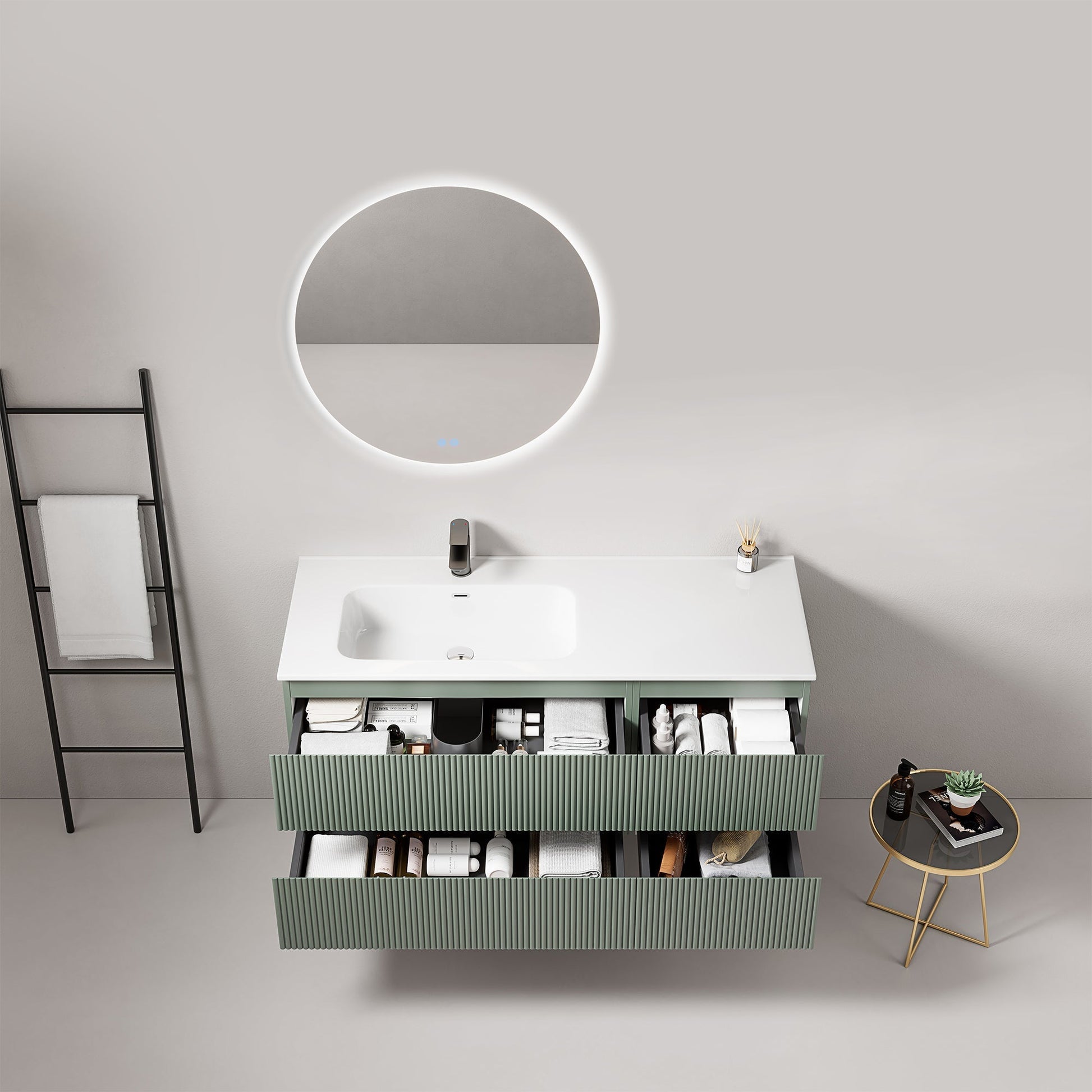Mobile bagno sospeso cannettato 120 cm Verde Salvia Lavabo a Sinistra in Ceramica Specchio Tondo Retroilluminato - Fiji Paint