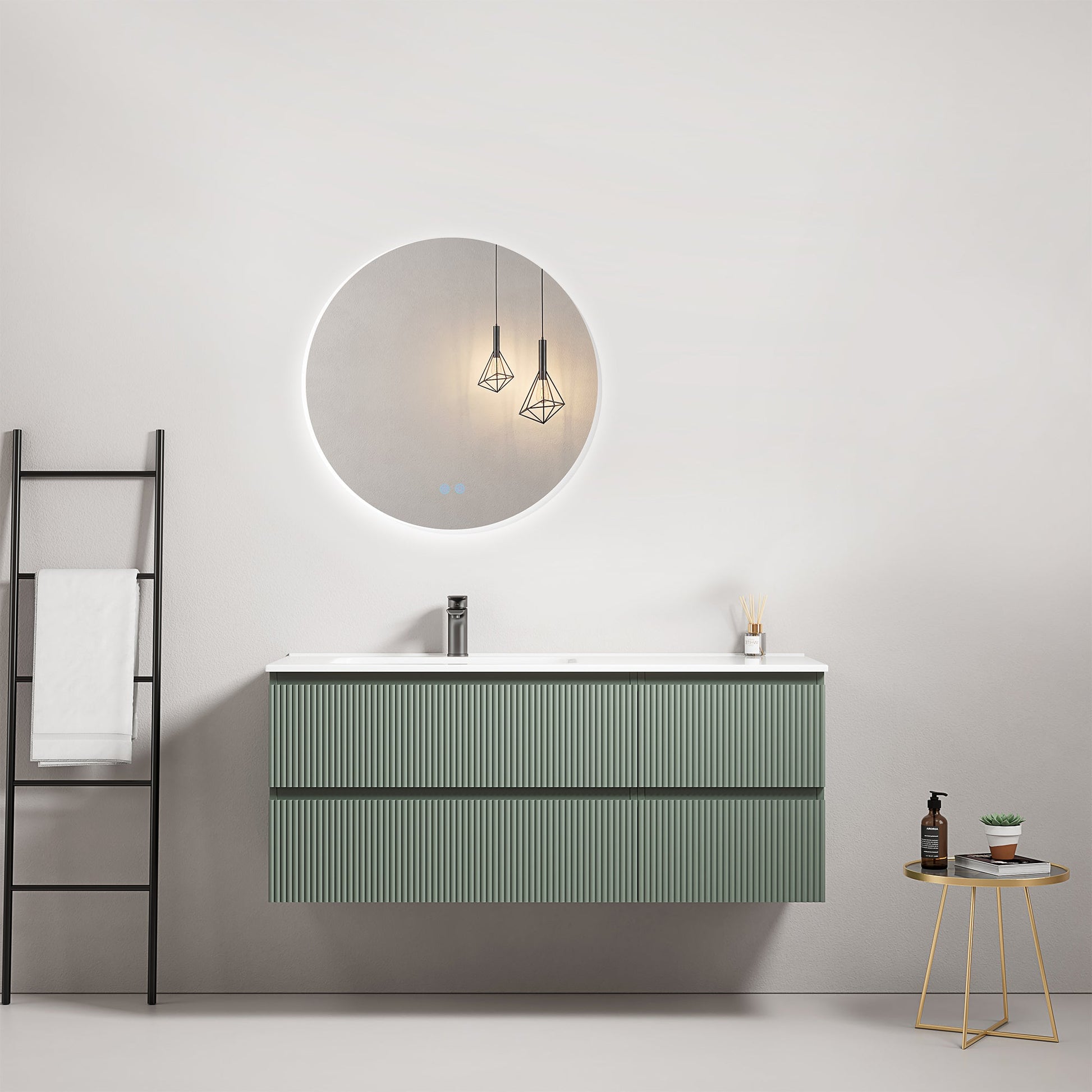 Mobile bagno sospeso cannettato 120 cm Verde Salvia Lavabo a Sinistra in Ceramica Specchio Tondo Retroilluminato - Fiji Paint