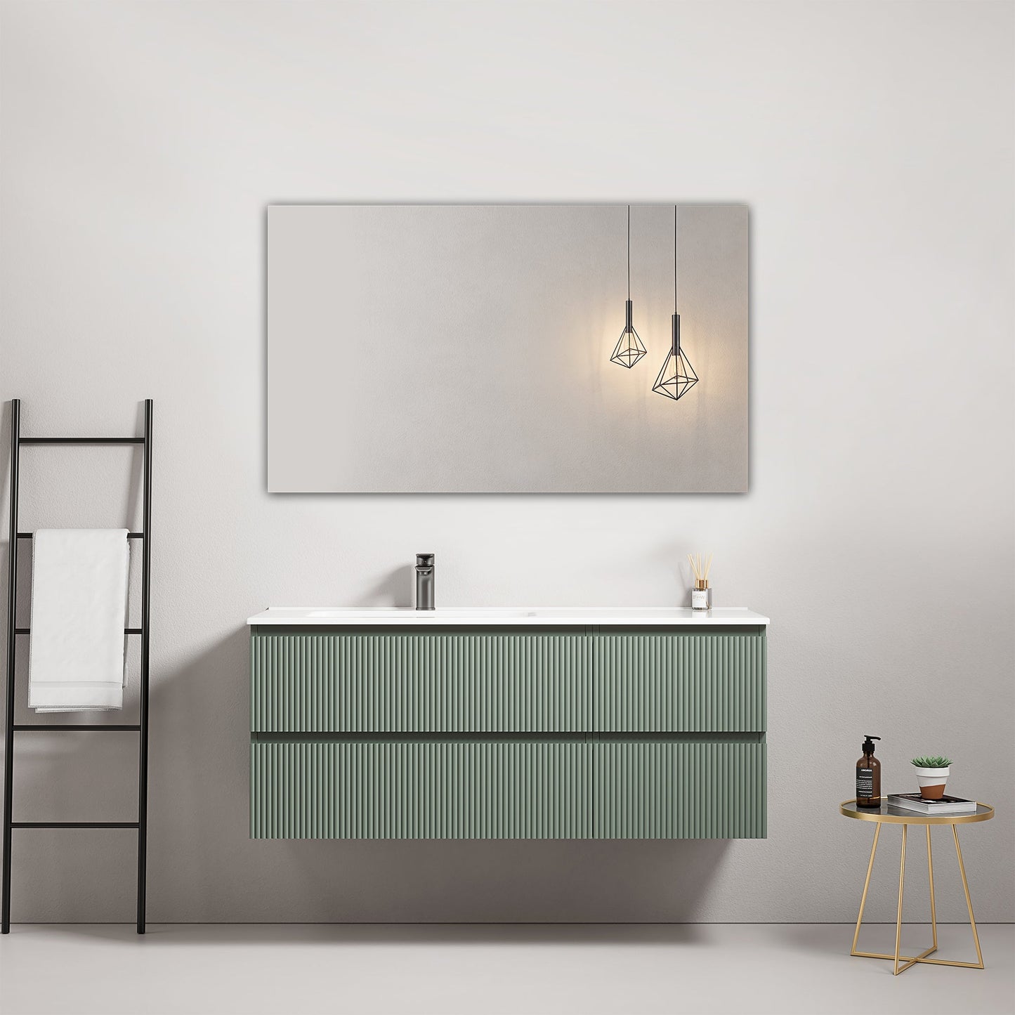 Mobile bagno sospeso cannettato 120 cm Verde Salvia Lavabo a Sinistra in Ceramica Specchio Quadro - Fiji Paint