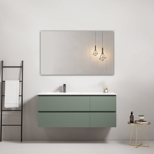 Mobile bagno sospeso cannettato 120 cm Verde Salvia Lavabo a Sinistra in Ceramica Specchio Quadro - Fiji Paint