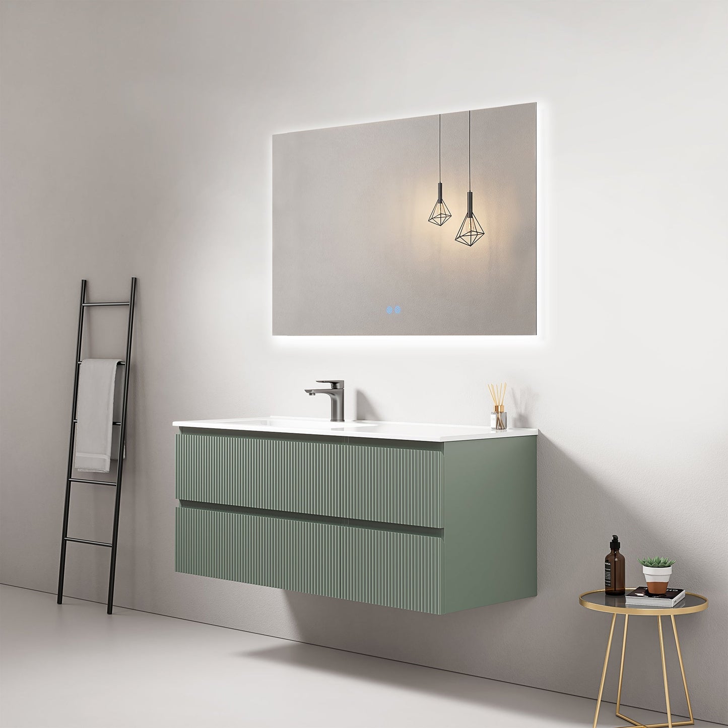 Mobile bagno sospeso cannettato 120 cm Verde Salvia Lavabo a Sinistra in Ceramica Specchio Quadro Retroilluminato - Fiji Paint