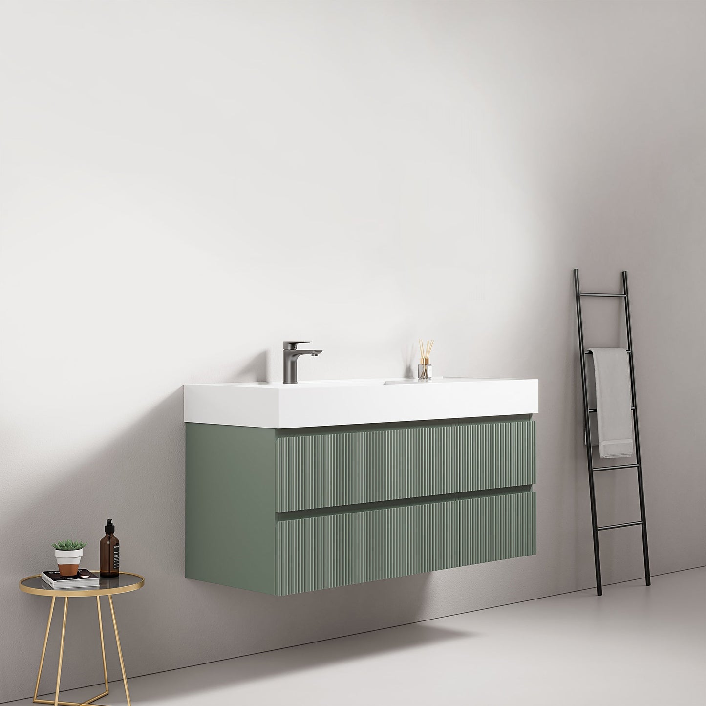 Mobile bagno sospeso cannettato 120 cm Verde Salvia Lavabo a Sinistra in Resina Senza Specchio - Fiji Paint