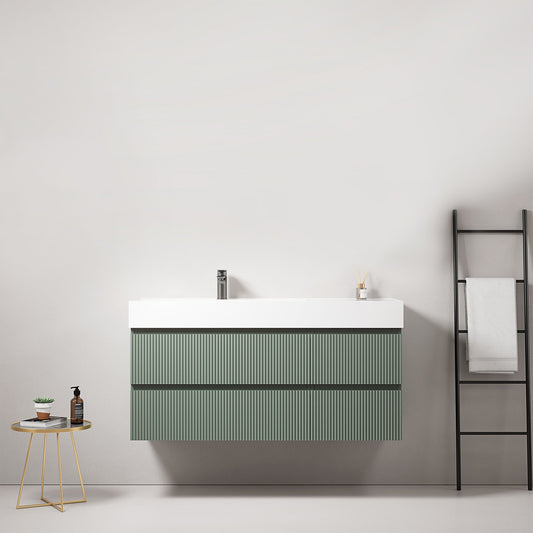 Mobile bagno sospeso cannettato 120 cm Verde Salvia Lavabo a Sinistra in Resina Senza Specchio - Fiji Paint