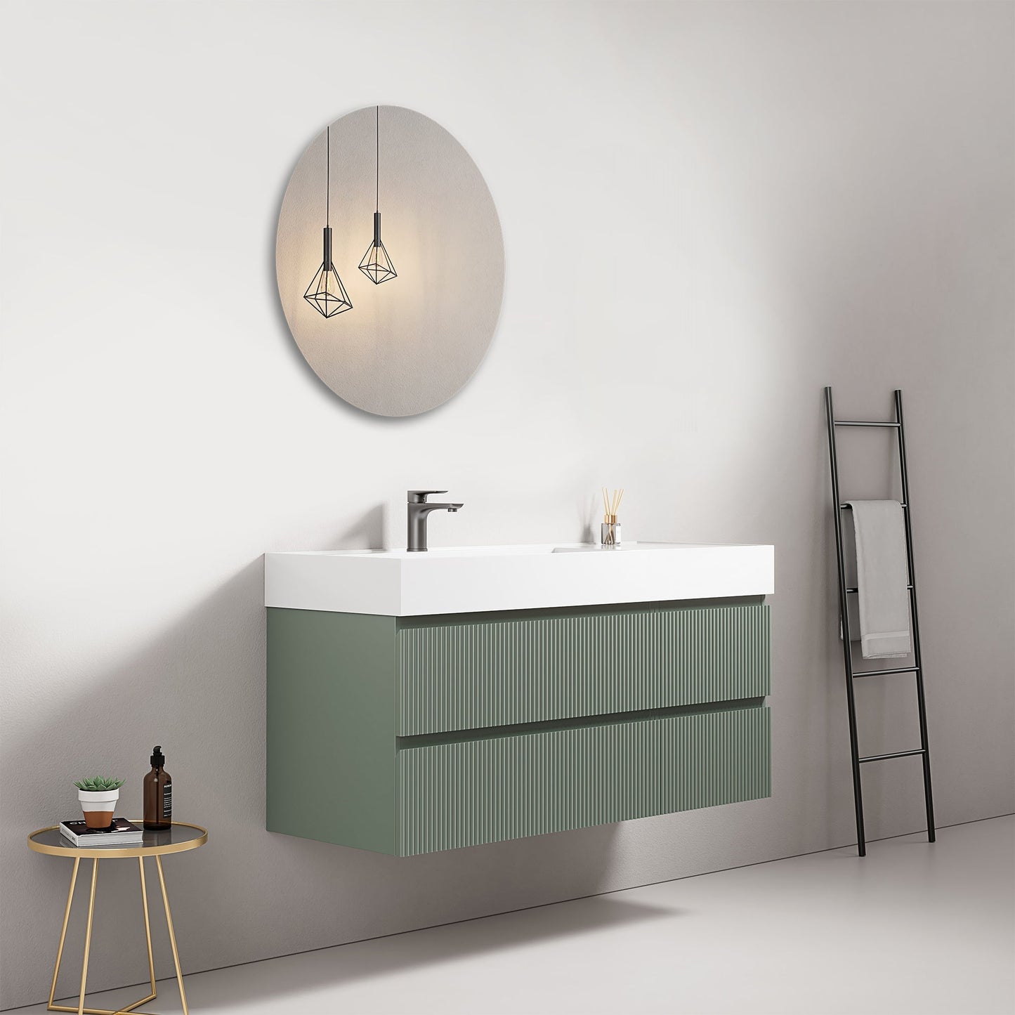 Mobile bagno sospeso cannettato 120 cm Verde Salvia Lavabo a Sinistra in Resina Specchio Tondo - Fiji Paint