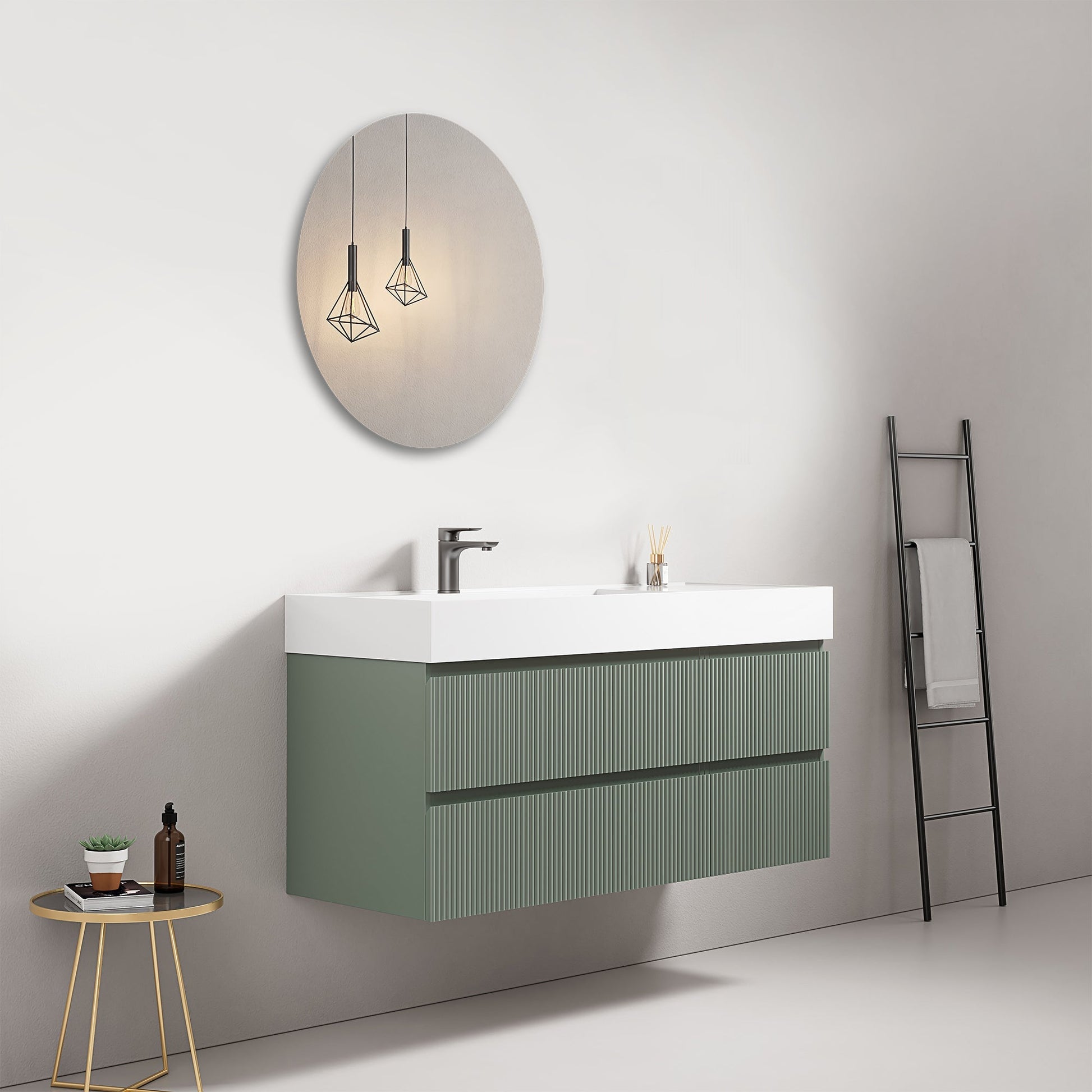Mobile bagno sospeso cannettato 120 cm Verde Salvia Lavabo a Sinistra in Resina Specchio Tondo - Fiji Paint