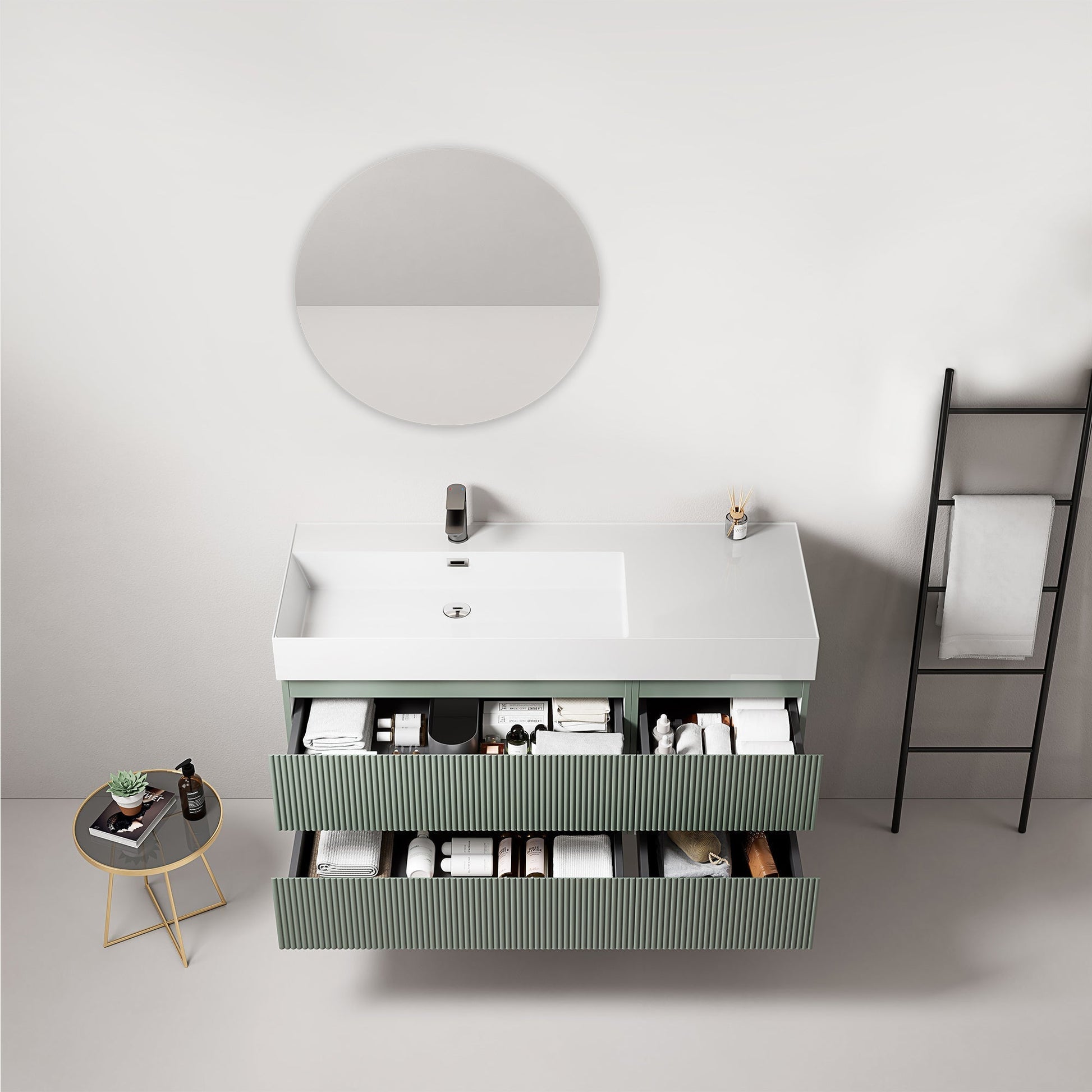 Mobile bagno sospeso cannettato 120 cm Verde Salvia Lavabo a Sinistra in Resina Specchio Tondo - Fiji Paint.
