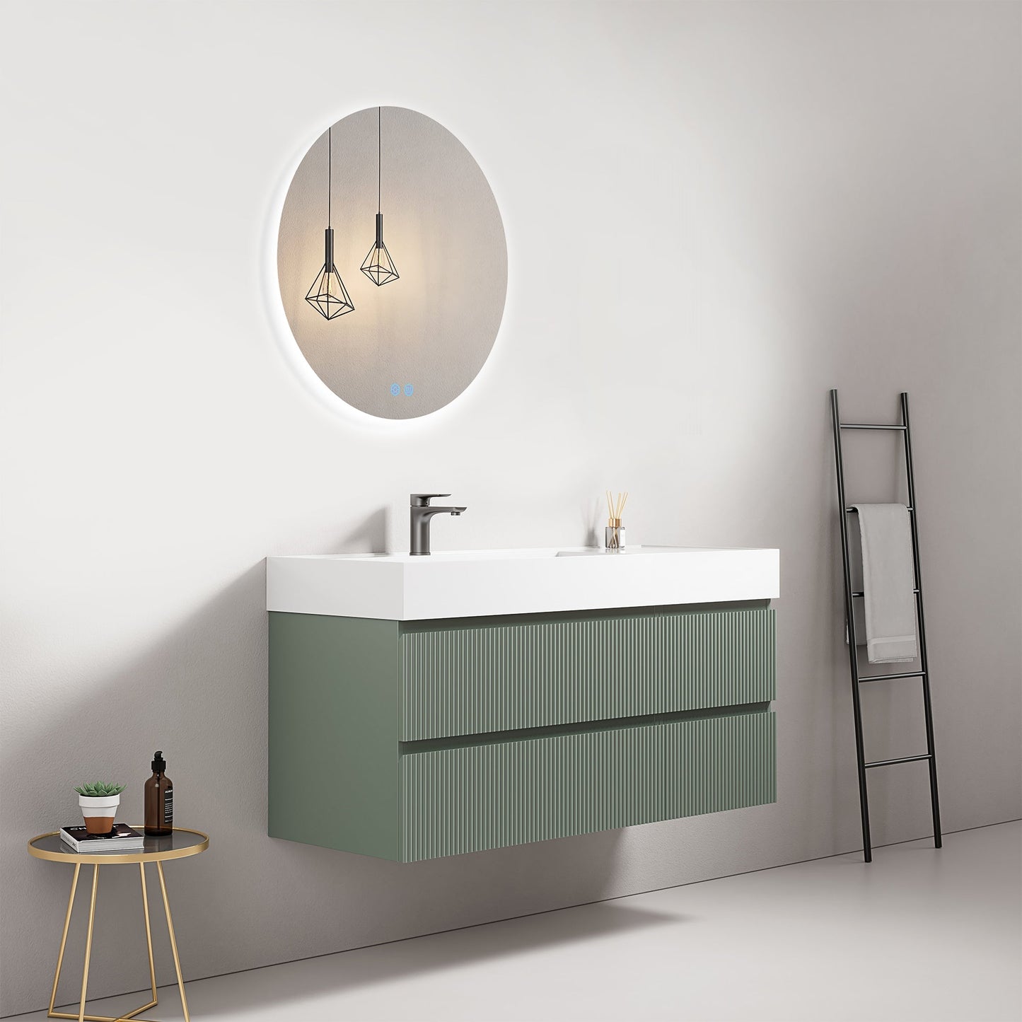 Mobile bagno sospeso cannettato 120 cm Verde Salvia Lavabo a Sinistra in Resina Specchio Tondo Retroilluminato - Fiji Paint in bagno moderno.