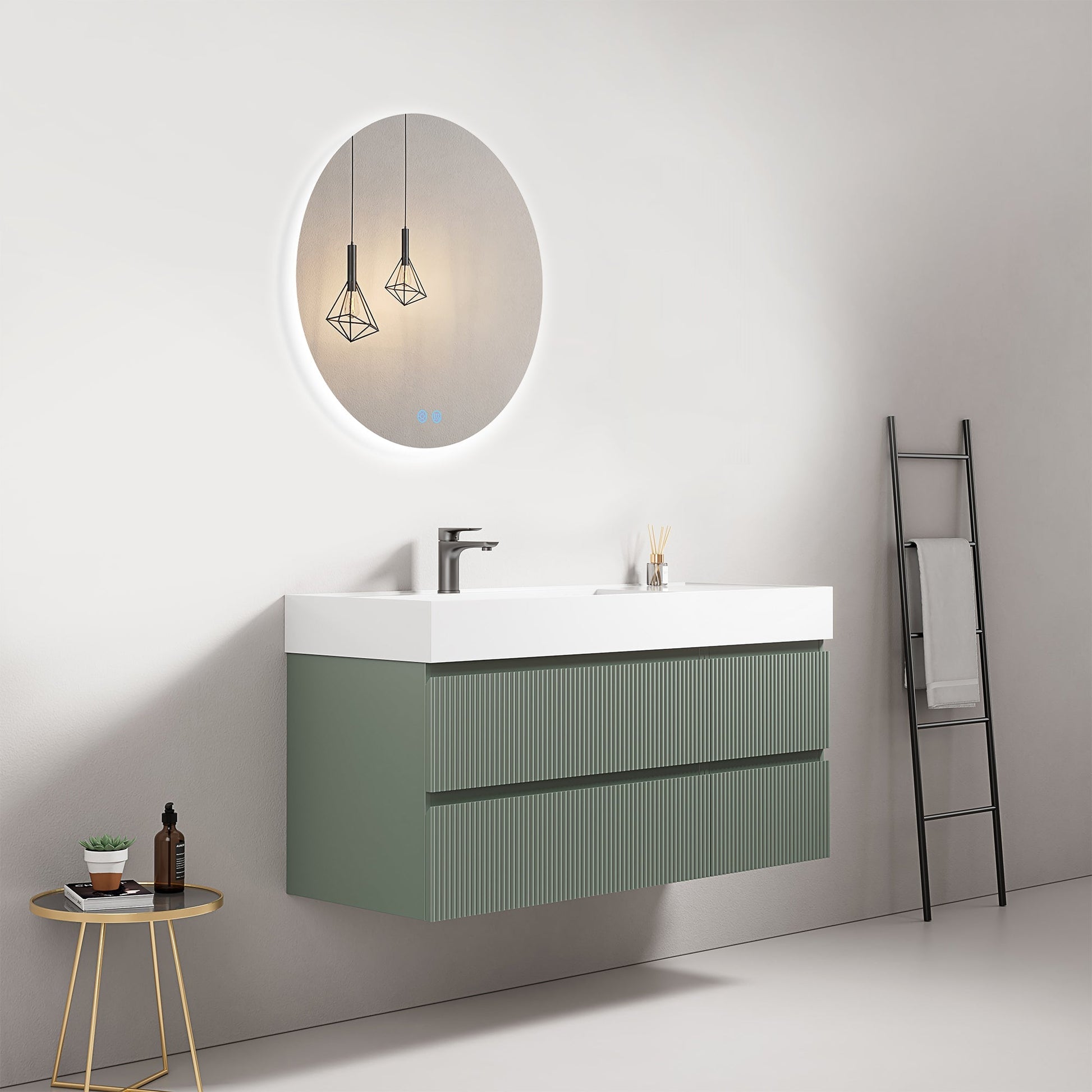 Mobile bagno sospeso cannettato 120 cm Verde Salvia Lavabo a Sinistra in Resina Specchio Tondo Retroilluminato - Fiji Paint in bagno moderno.