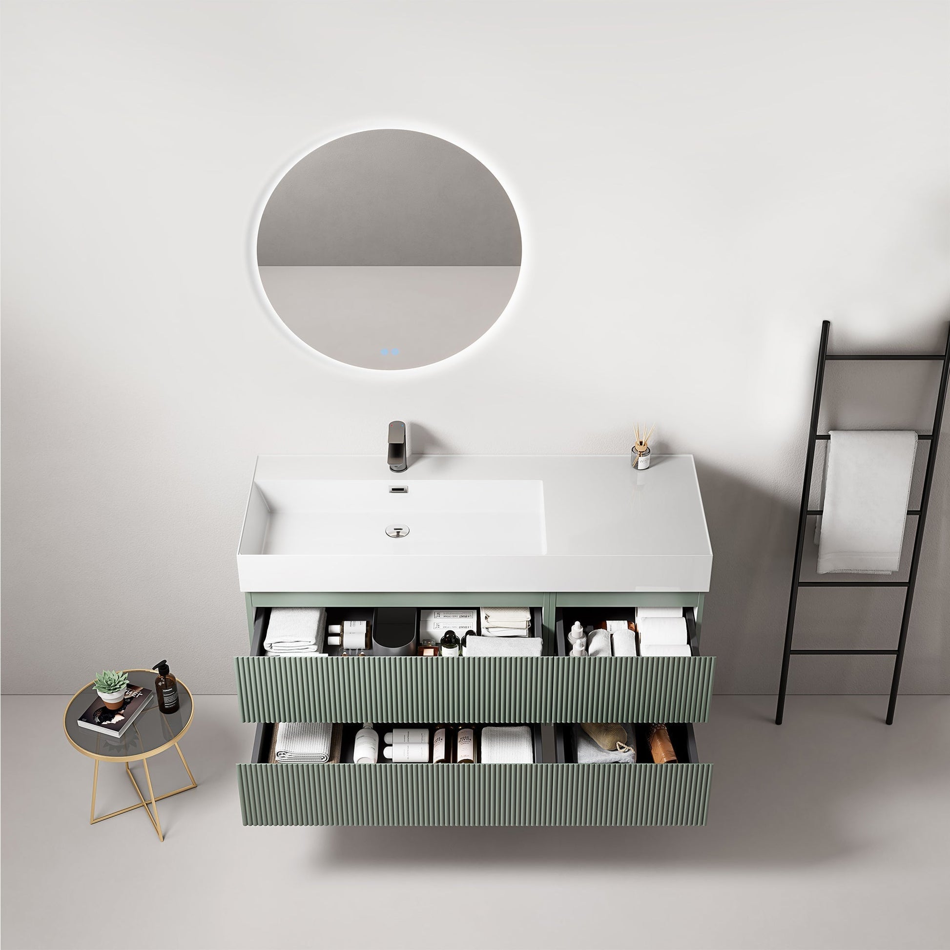 Mobile bagno sospeso cannettato 120 cm Verde Salvia Lavabo a Sinistra in Resina Specchio Tondo Retroilluminato - Fiji Paint.