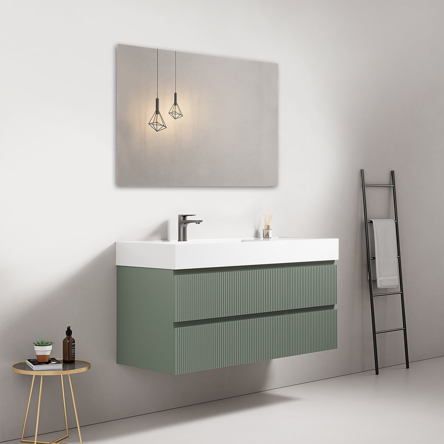 Mobile bagno sospeso cannettato 120 cm Verde Salvia Lavabo a Sinistra in Resina Specchio Quadro - Fiji Paint